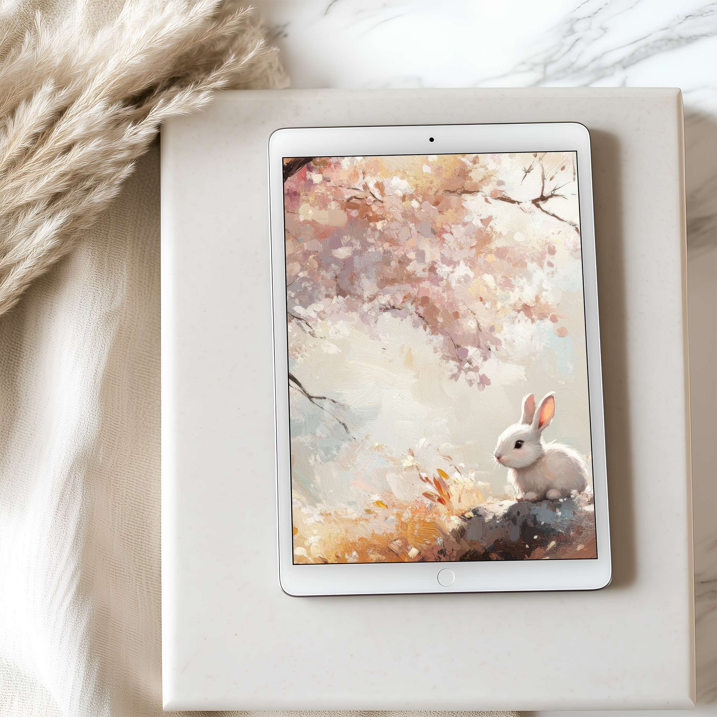 Elegant tablet wallpaper with a serene bunny and cherry blossom motif in soft pastels, perfect for high resolution iPad use
