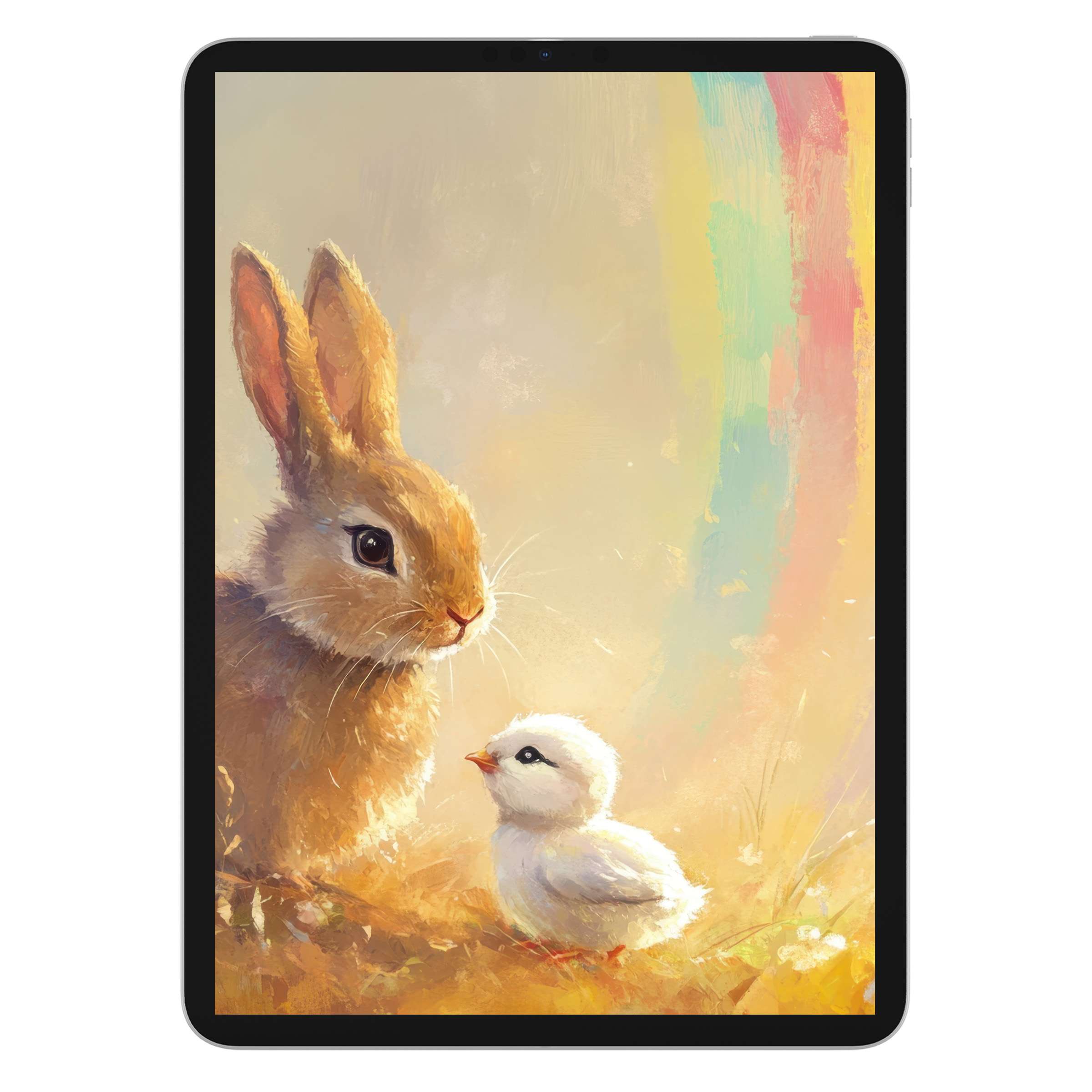 Easter iPad wallpaper features a serene rabbit and chick in soft pastel colors perfect for tablet background digital download