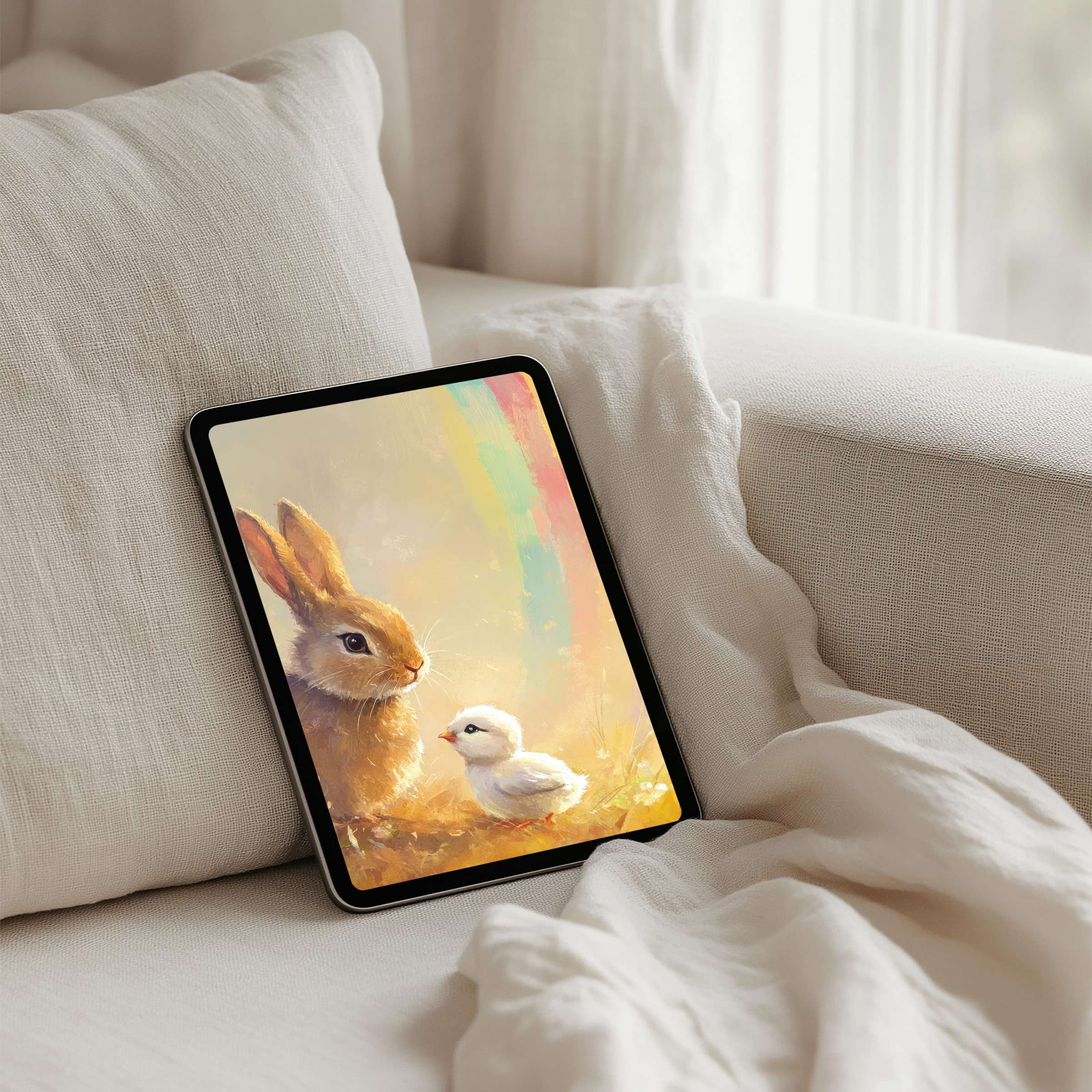 Serene digital art iPad background with rabbit and chick evokes calm inspiration for tablets perfect for instant download