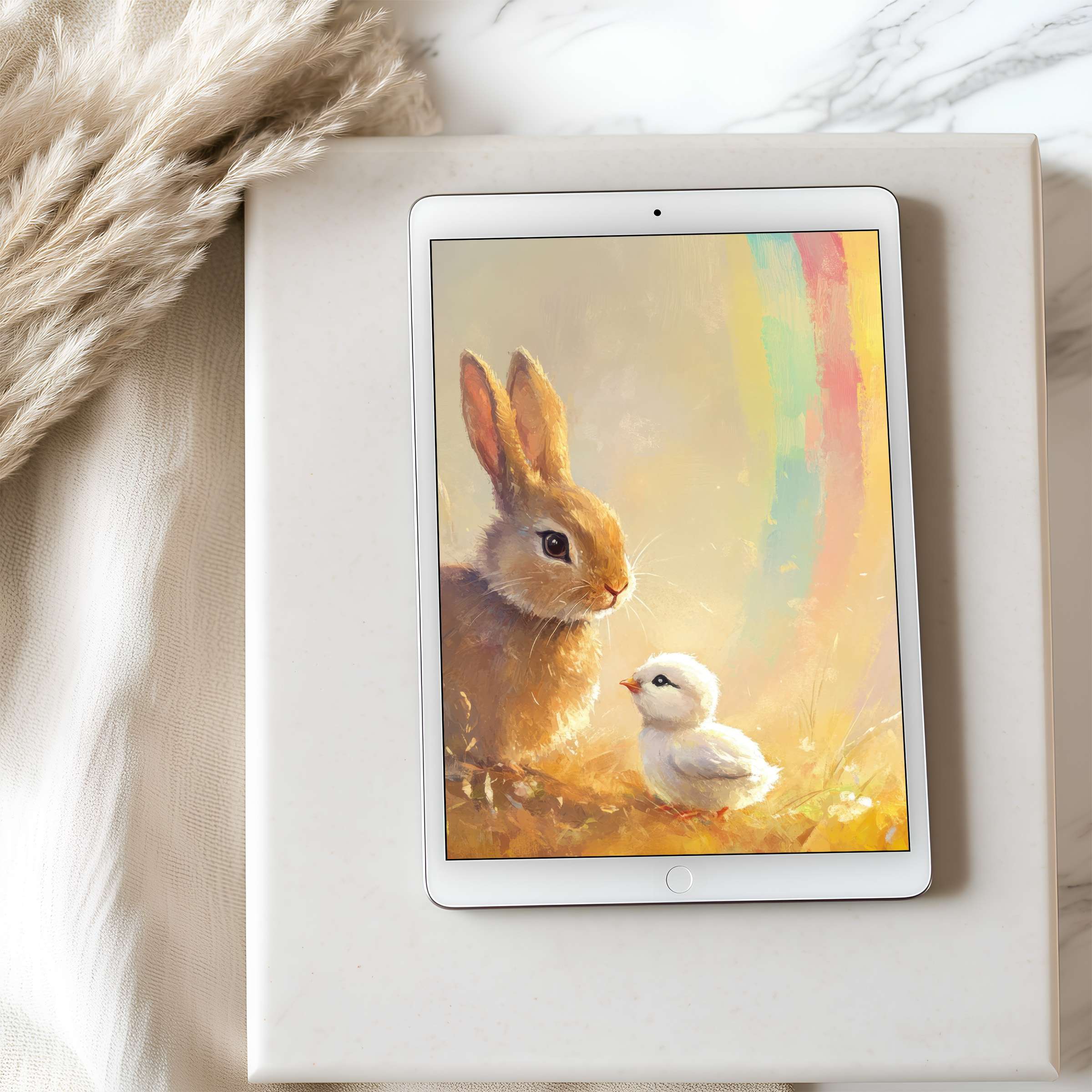 Charming rabbit and chick art on tablet wallpaper exudes warmth with serene pastels High resolution for iPad and Android tablets