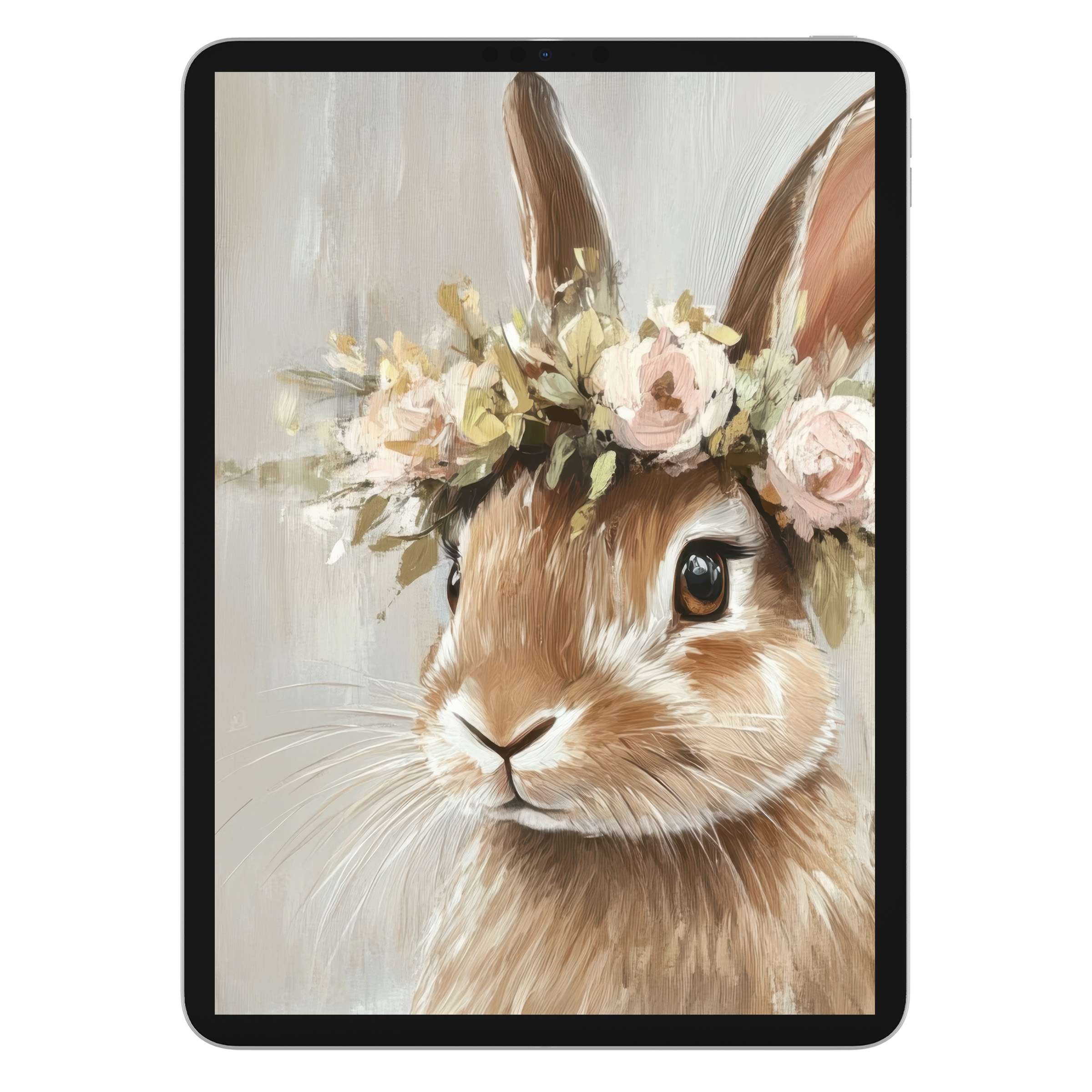 Charming easter iPad wallpaper featuring a bunny with a floral crown, perfect digital download for calm elegance on your tablet background