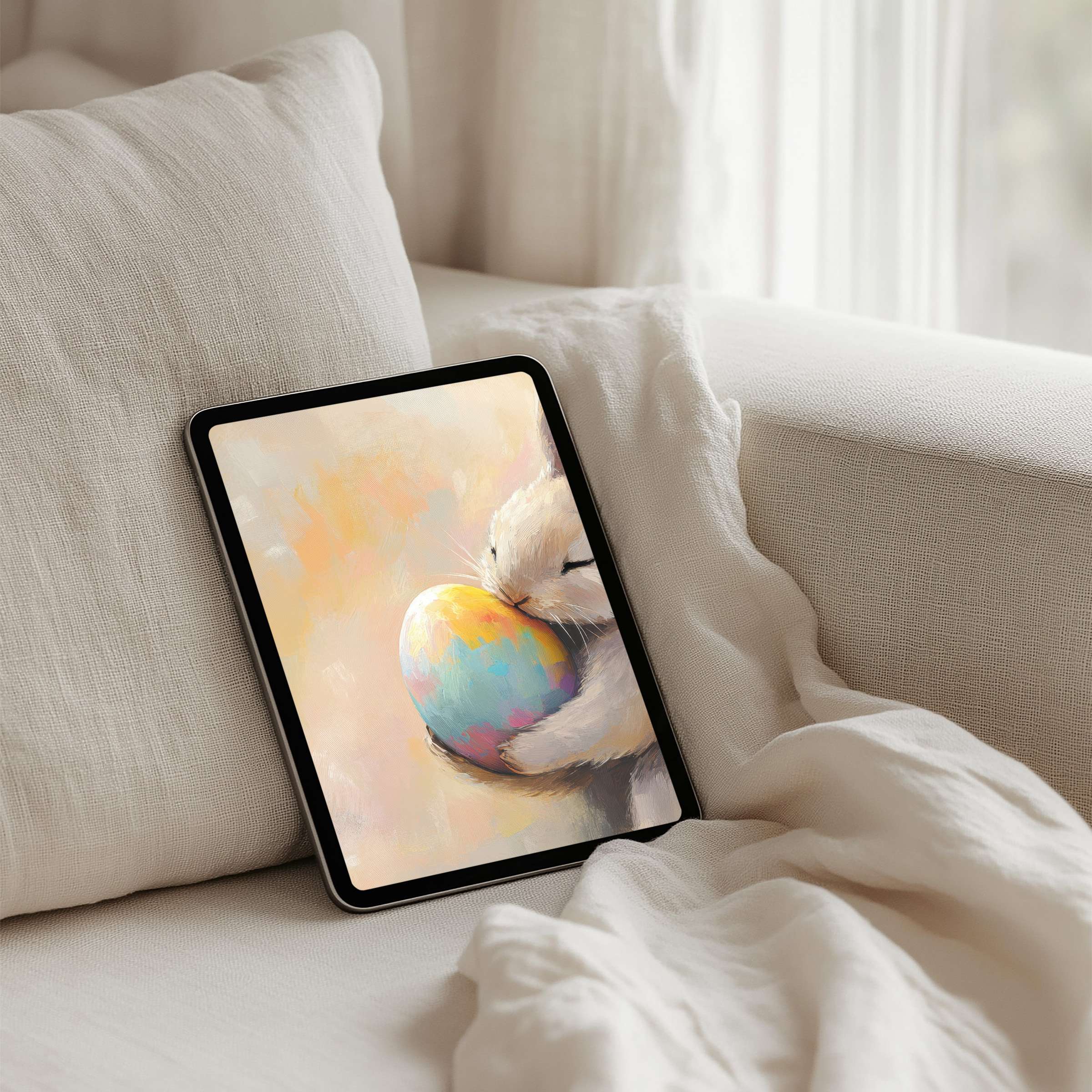 Elegant pastel bunny art on iPad background, perfect for instant download to inspire calm on any tablet including Samsung, Android