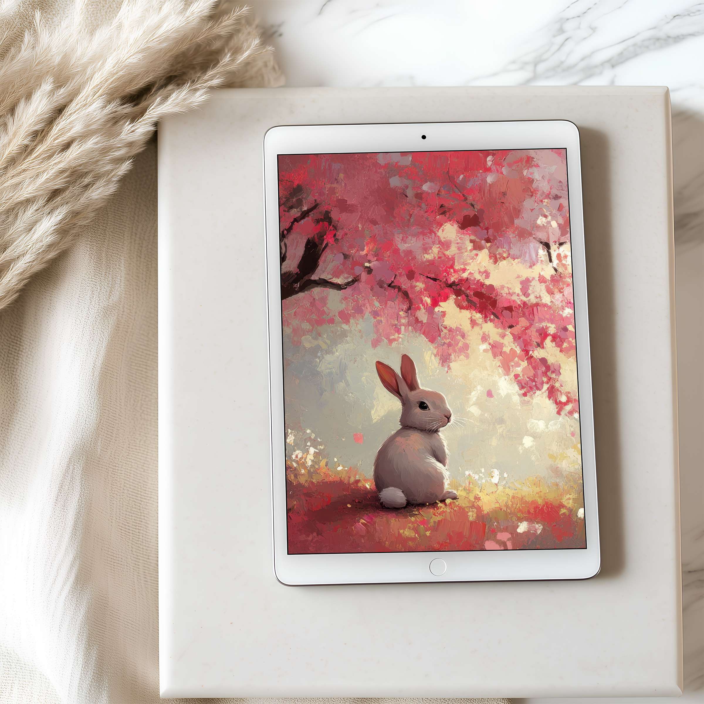 Charming tablet wallpaper featuring a serene rabbit under pink blossoms, perfect high resolution for iPad or Android, digital download