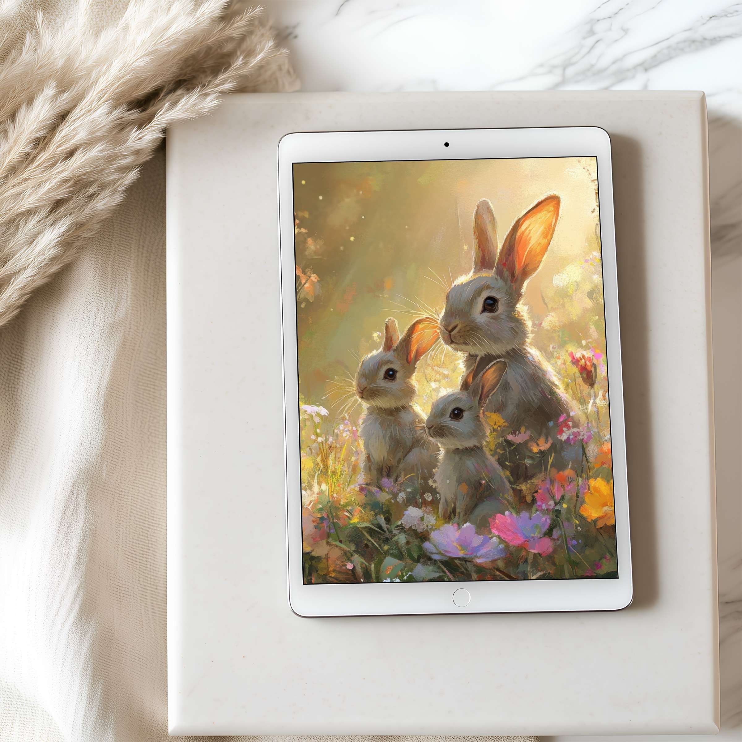 Charming rabbit family in serene floral setting for a calming tablet wallpaper suitable for high-resolution iPad and Android downloads