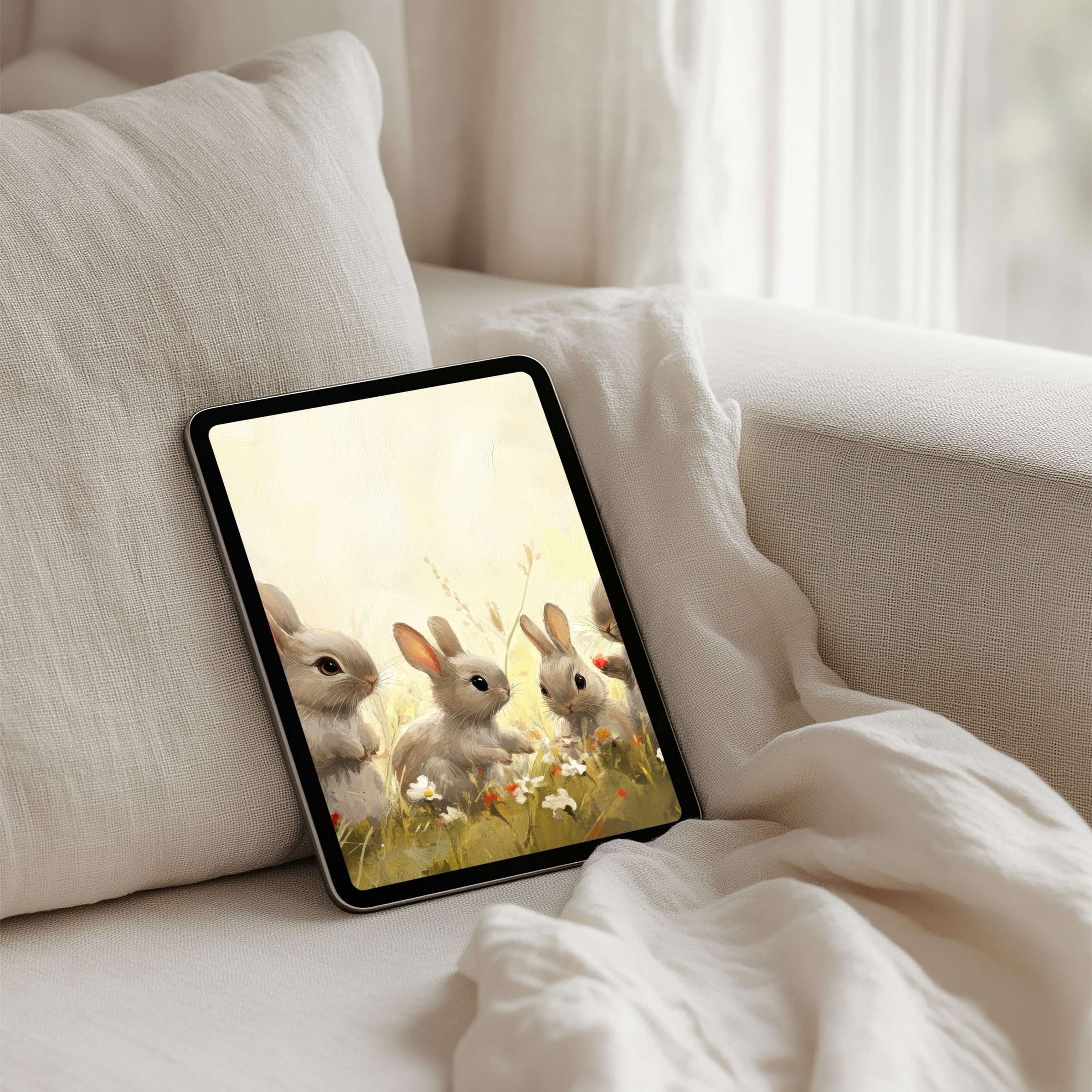 Serene iPad background featuring gentle rabbits in a warm, tranquil meadow perfect for instant download to enhance any tablet