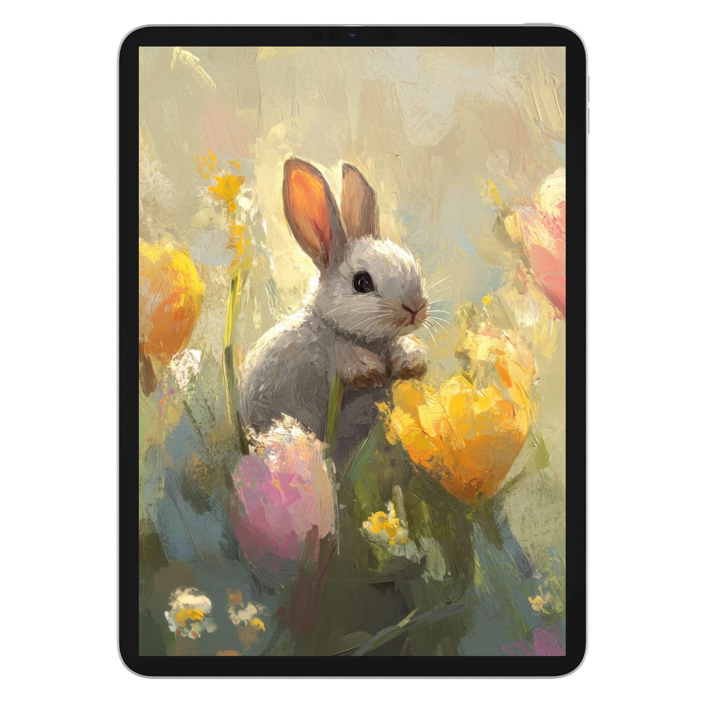 Easter iPad wallpaper features a serene bunny amid pastel flowers, perfect digital download for tablet backgrounds, soothing art