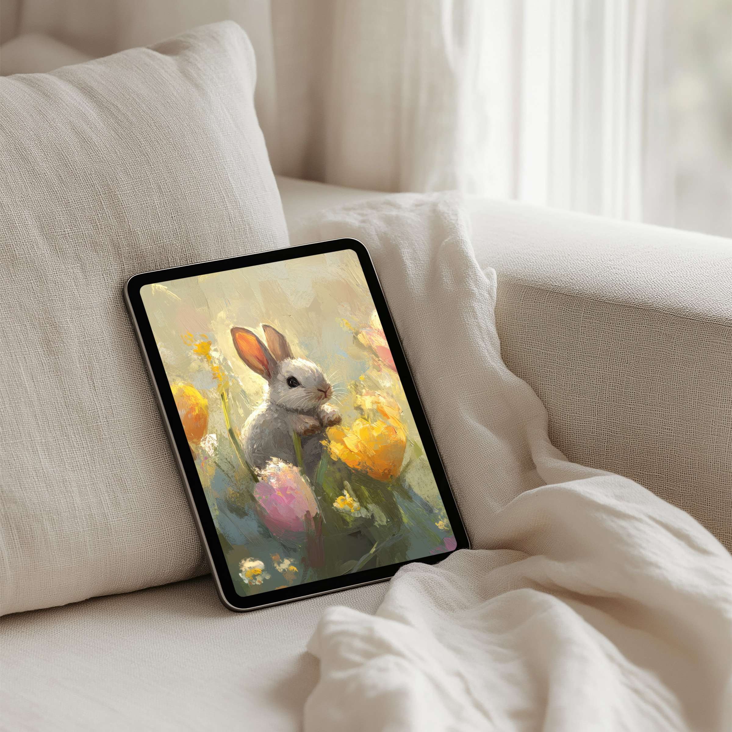 Elegant rabbit digital painting iPad background offers instant download for tablets blending calm artistry with inspiration and elegance