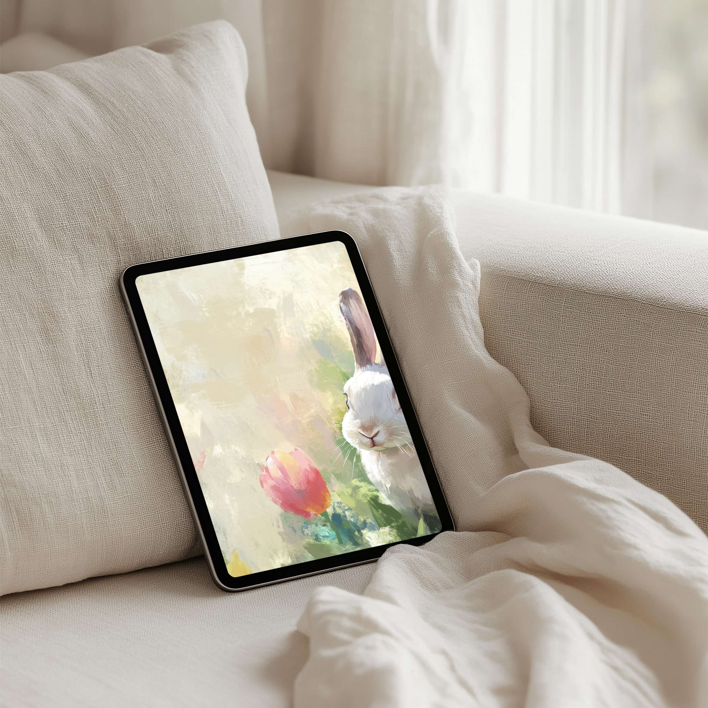 Serene digital art iPad background for instant download featuring a pastel rabbit and tulip, perfect for tablet elegance and calm