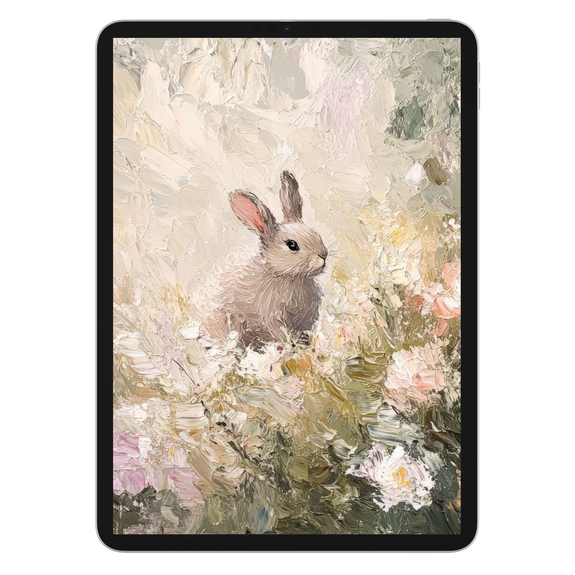 Easter iPad wallpaper featuring an elegant rabbit in pastel floral oil art, perfect digital download for calm tablet backgrounds