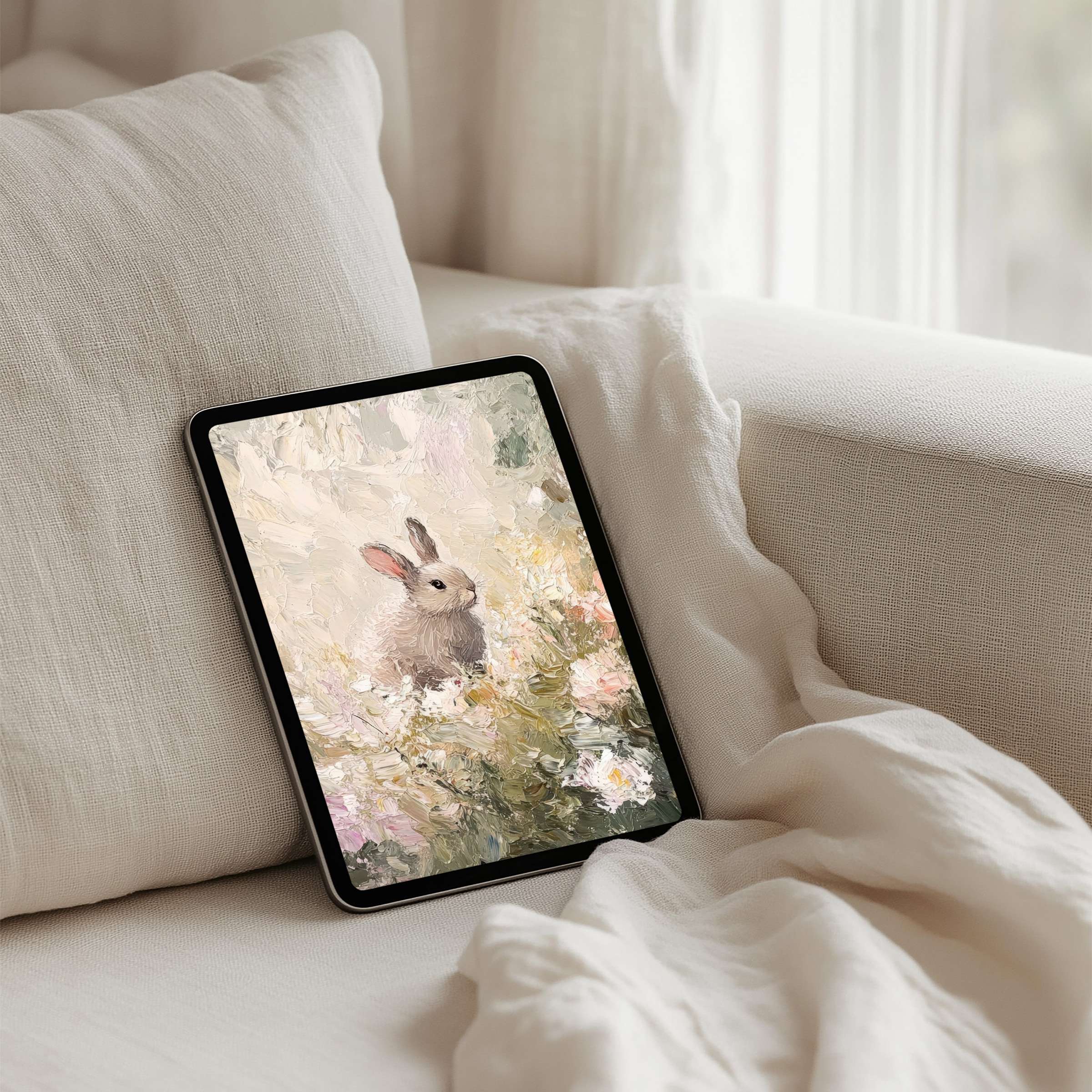 Elegant iPad background with serene rabbit art inspires mindfulness instant download for any tablet including Android Samsung