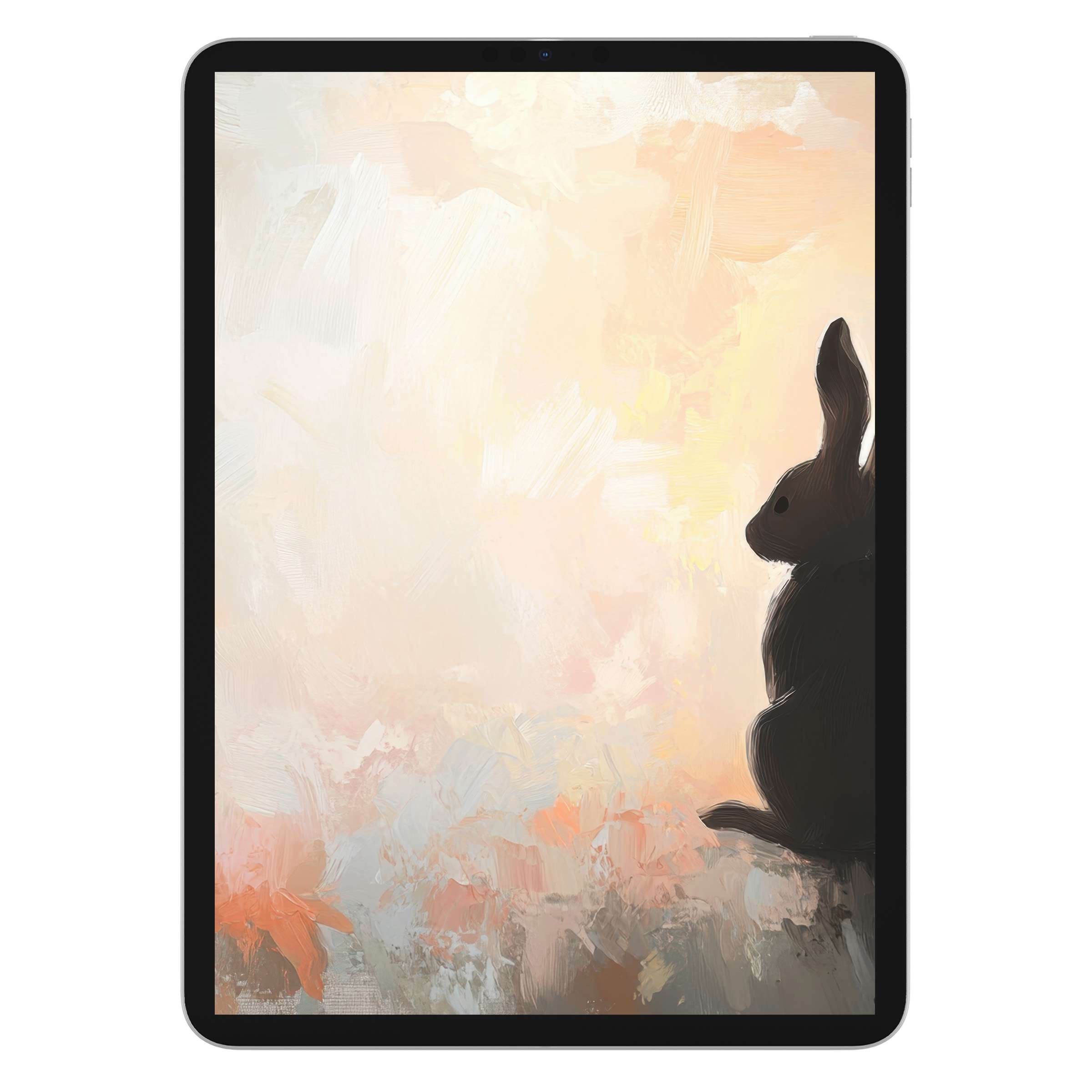 Elegant easter iPad wallpaper digital download featuring a serene rabbit silhouette and soft pastel strokes, ideal tablet background