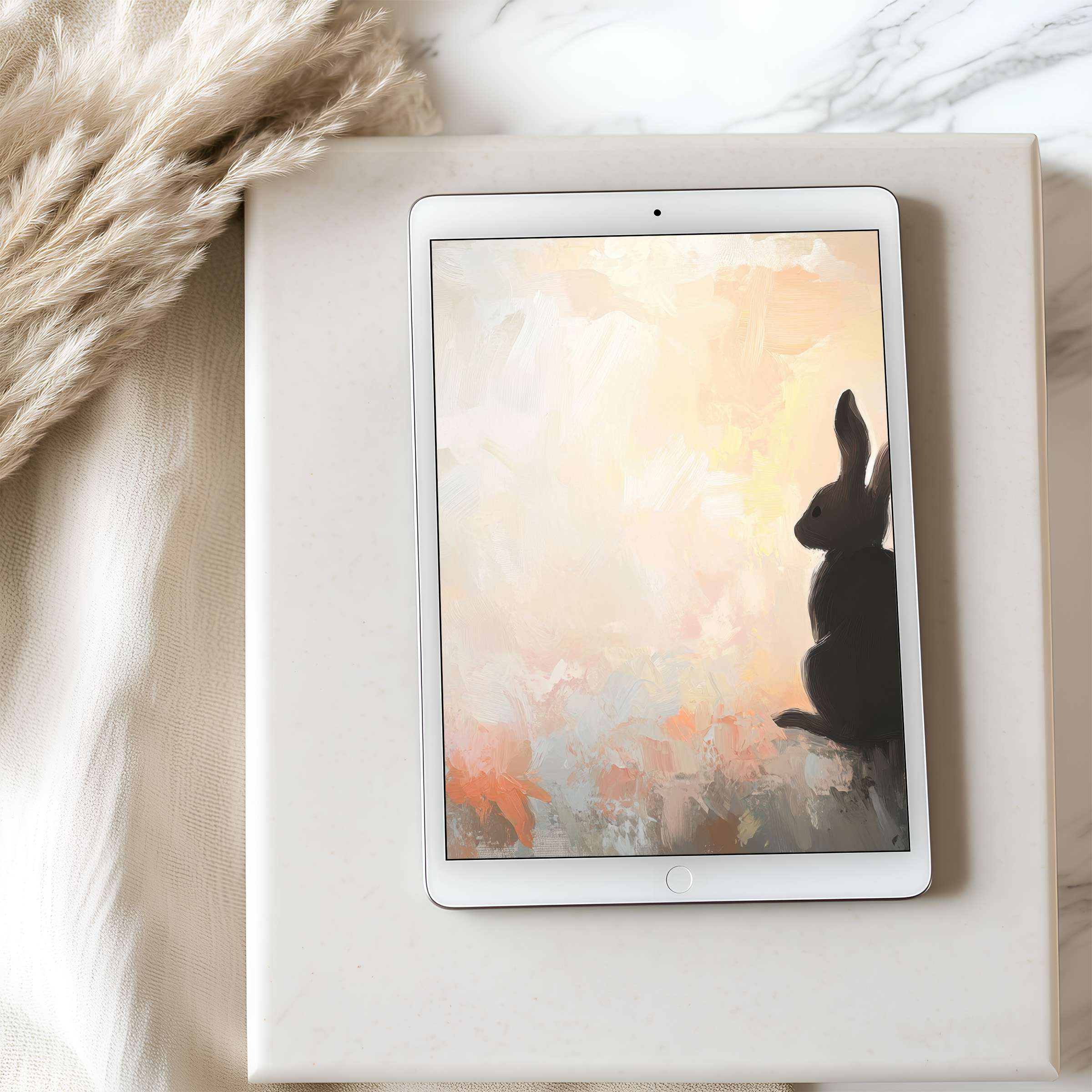 Elegant tablet wallpaper featuring a serene rabbit silhouette against calming pastel hues perfect for high-resolution digital downloads