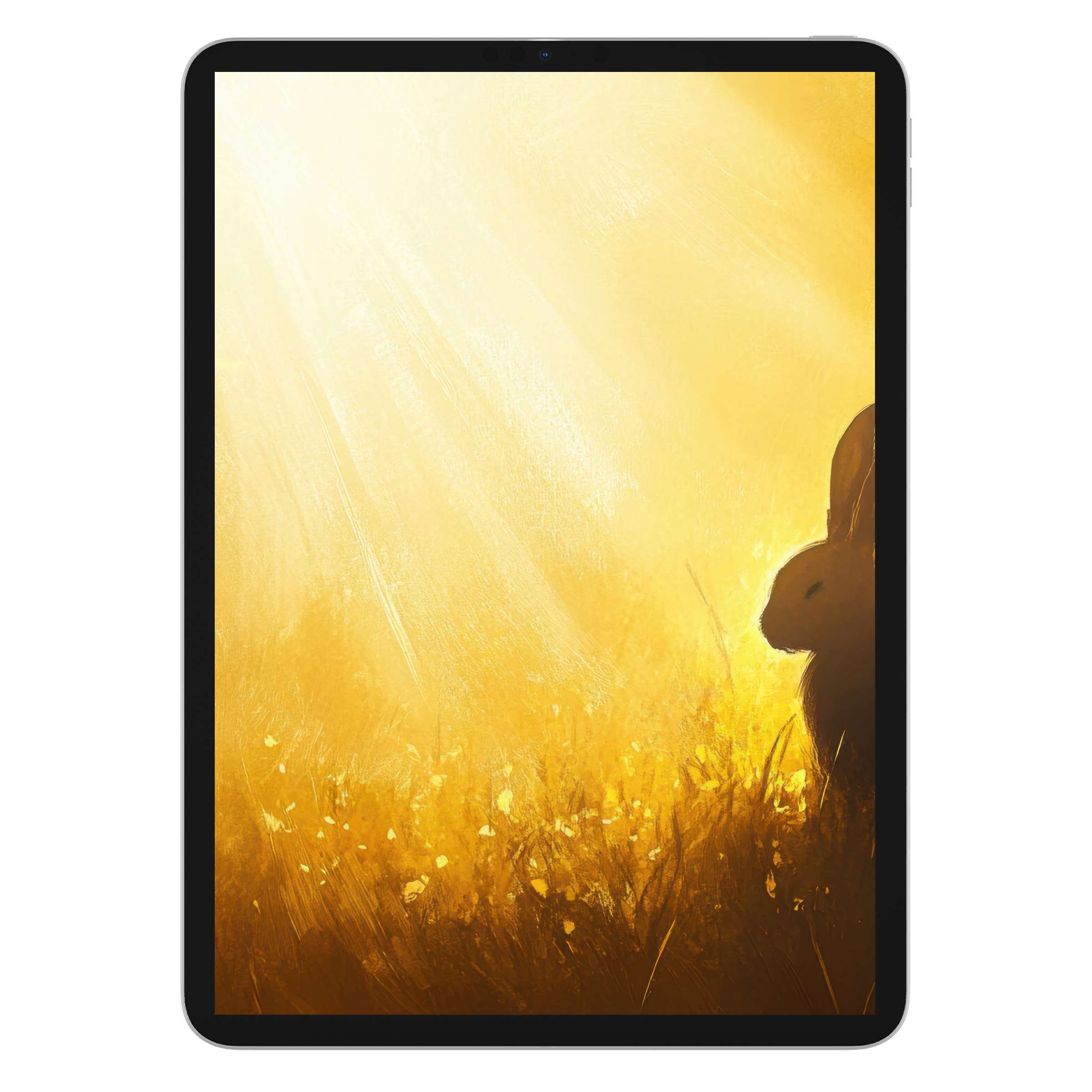 Easter iPad wallpaper with golden sunlight and a serene rabbit silhouette, perfect digital download background for tablets, enhancing tranquility