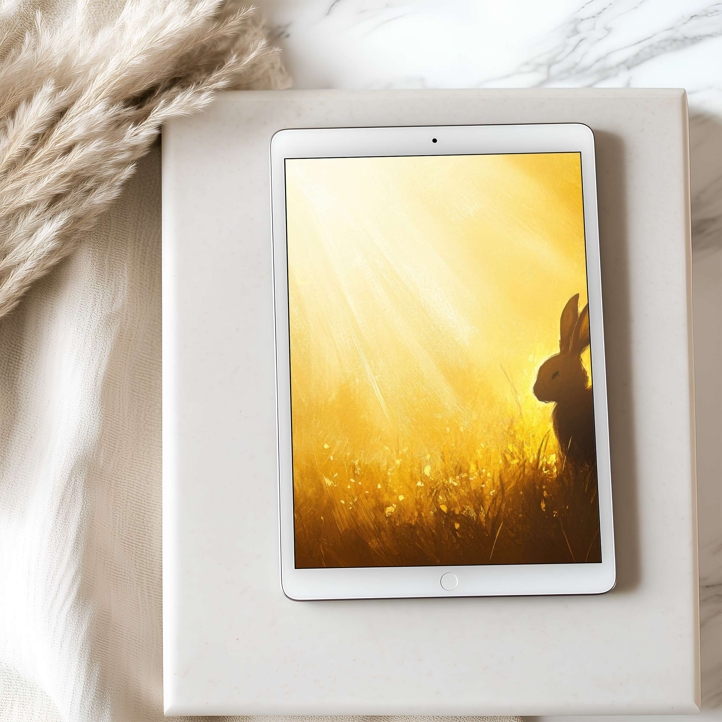 Tranquil tablet wallpaper featuring a golden sunset with a silhouette of a rabbit, ideal for an iPad, digital download for mindful living