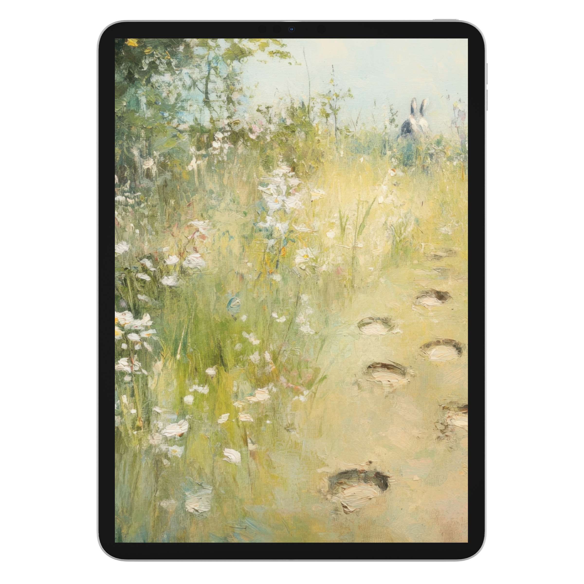 Easter iPad wallpaper digital download showcasing an elegant field with daisies and rabbit, suitable for tablet background use