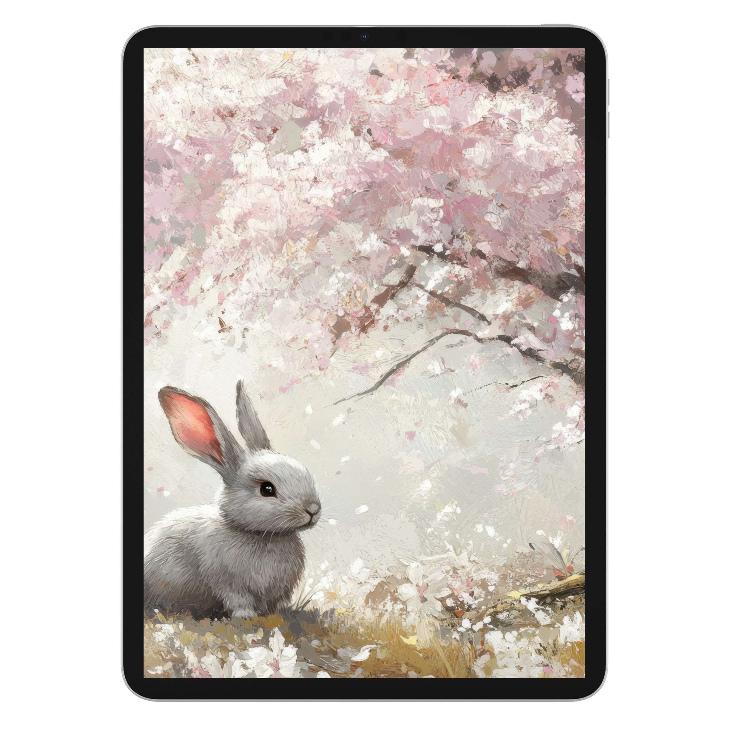Elegant easter iPad wallpaper featuring a serene bunny under cherry blossoms, ideal digital download for tablets and calm backgrounds