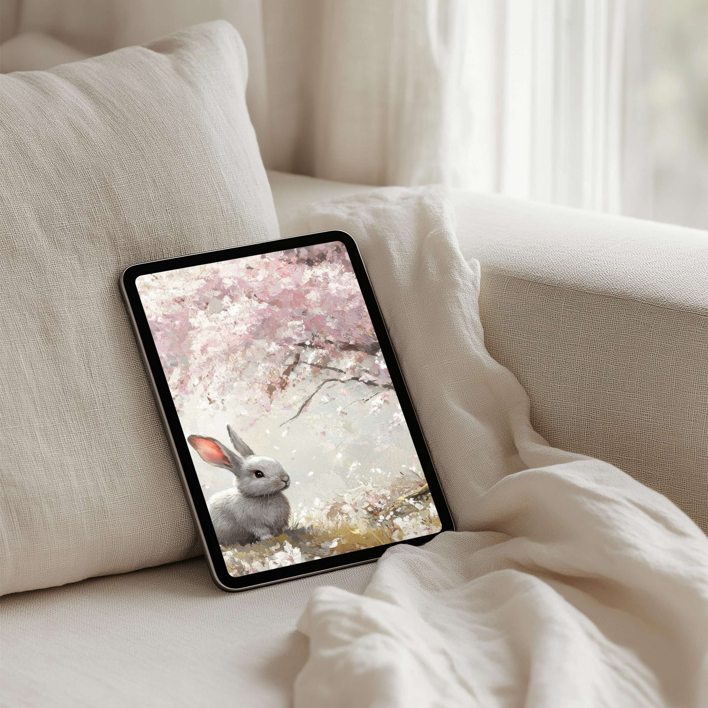 Enchant your senses with this iPad background featuring a serene rabbit under cherry blossoms perfect for instant download on any tablet