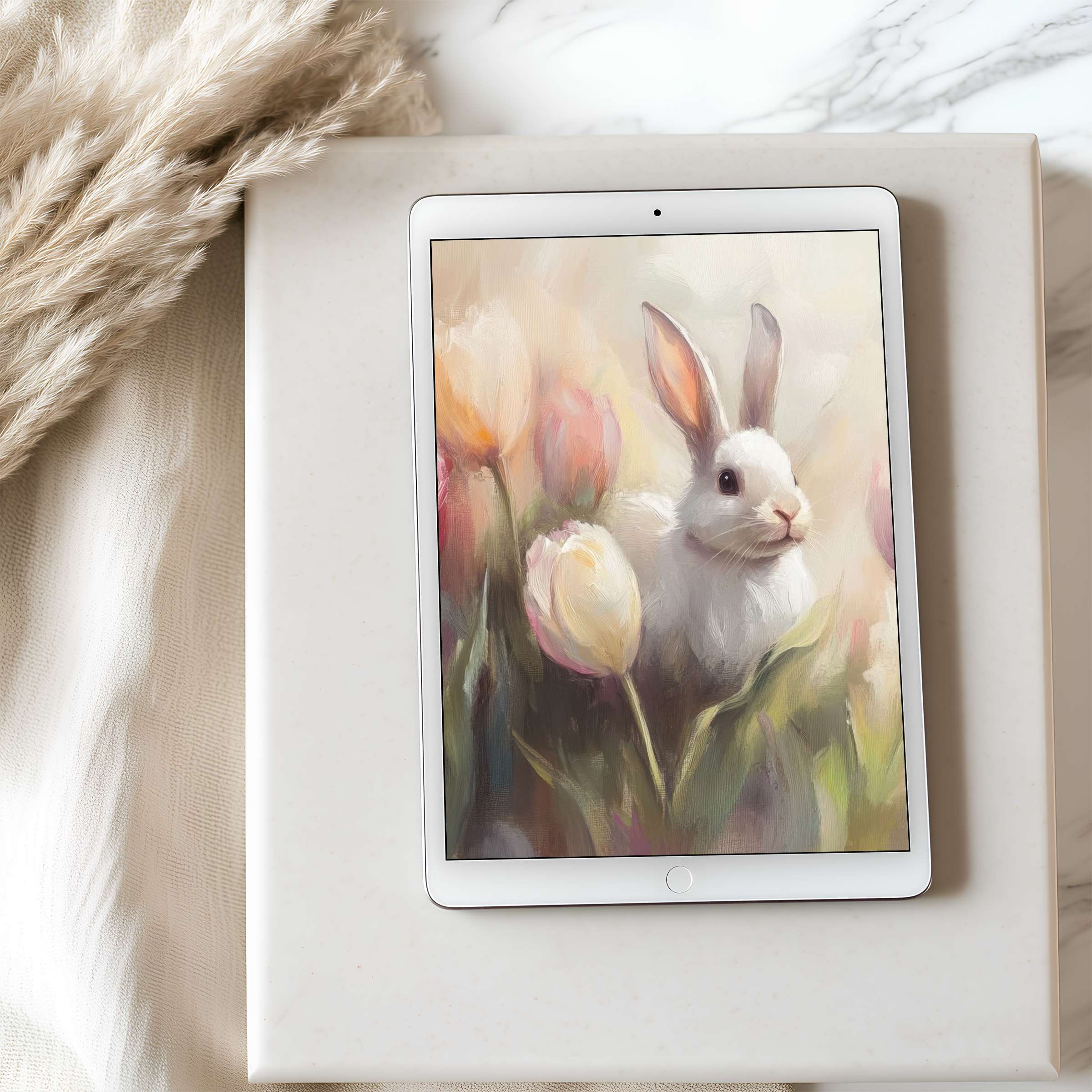 Elegant tablet wallpaper featuring serene bunny among pastel blooms, perfect high resolution art for iPad and Android tablets