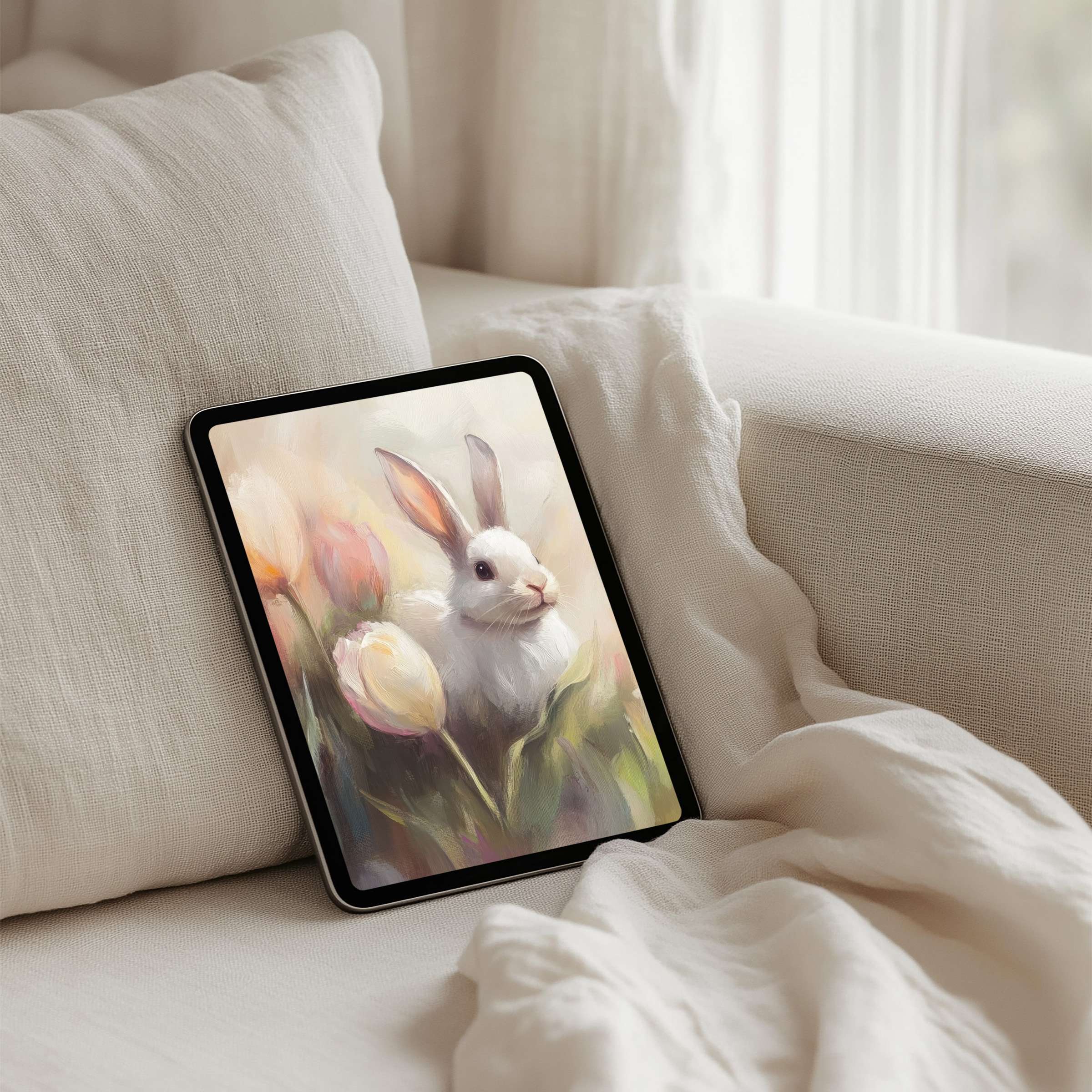 Serene rabbit art iPad background for instant download enhances tranquility on any tablet with its soft pastel tones and elegant design
