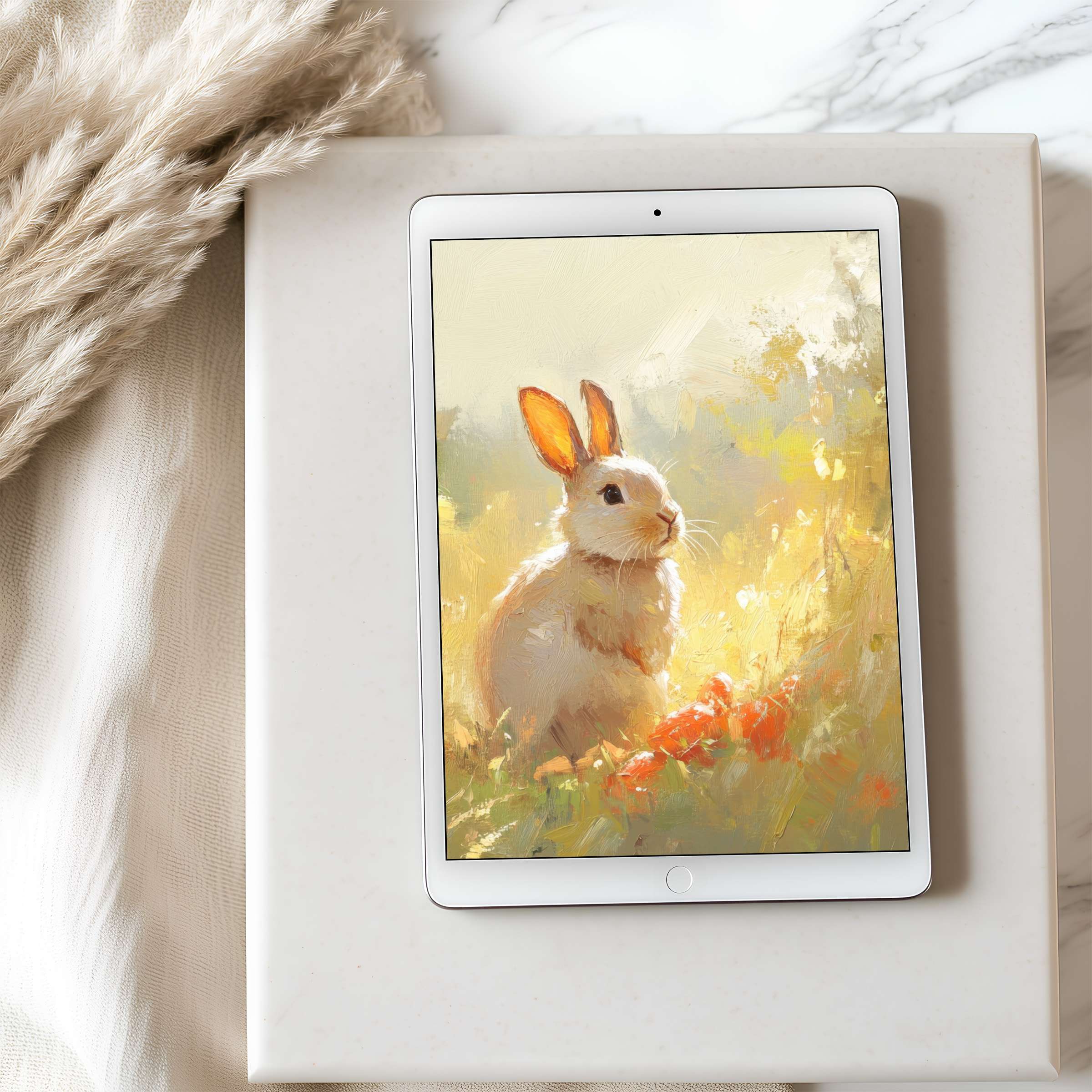 Tranquil tablet wallpaper featuring a serene rabbit in soft hues, ideal for iPad; high-resolution art enhancing elegant interiors
