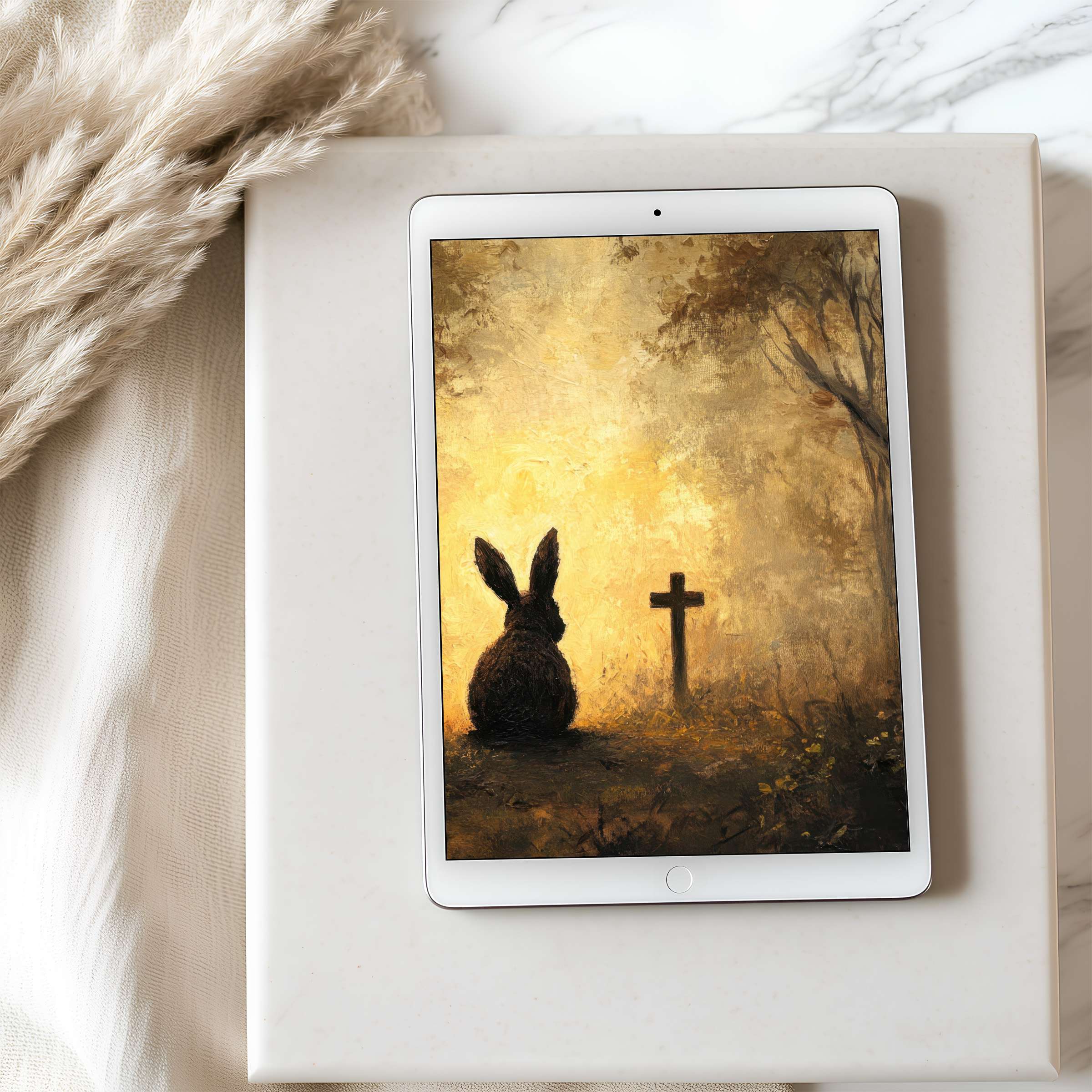 Tranquil rabbit and cross in golden forest setting, perfect tablet wallpaper for elegant iPad backgrounds, high-resolution download