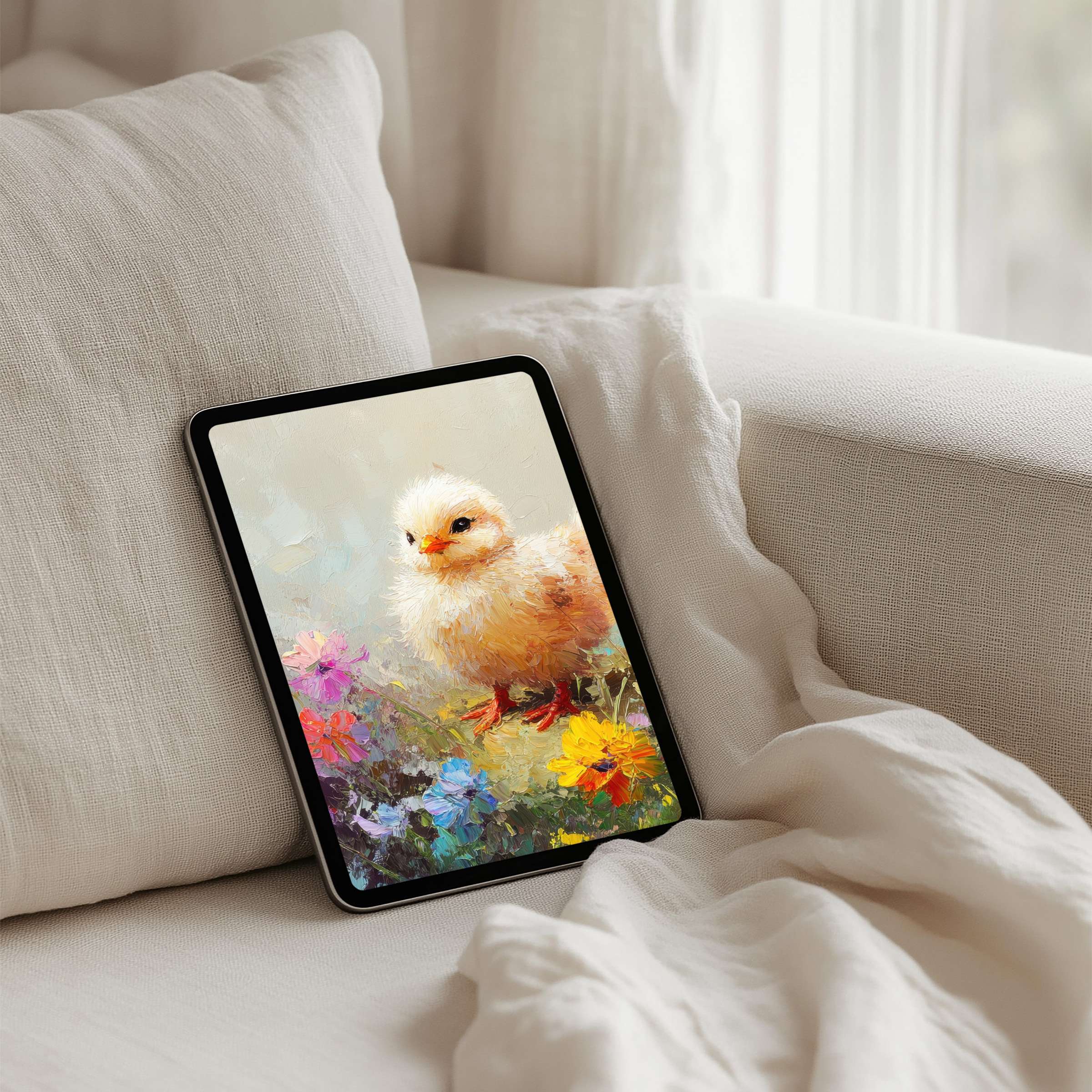 Elegant iPad background featuring a serene chick in vibrant flowers evokes mindfulness and inspiration available for instant download on tablet