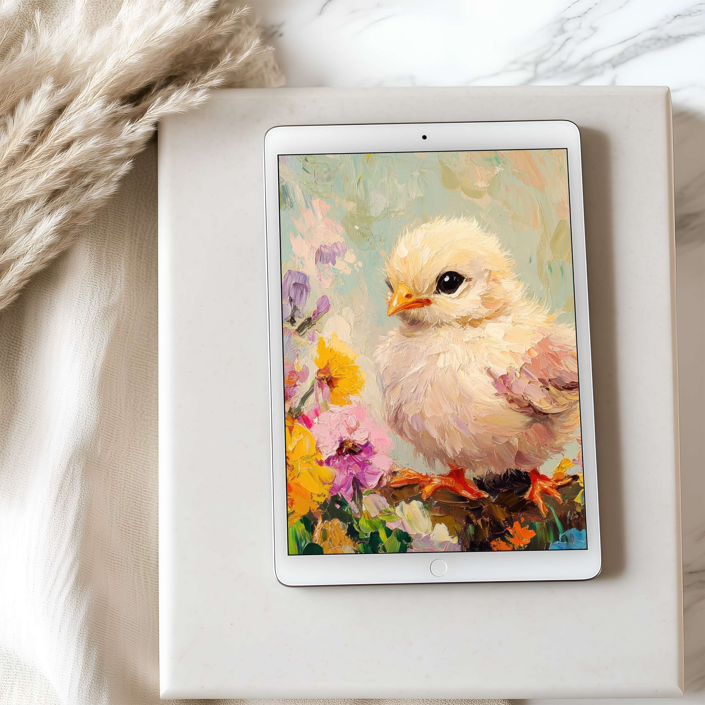 Charming pastel chick digital art tablet wallpaper with a floral motif complements serene interiors curated for iPad high resolution use