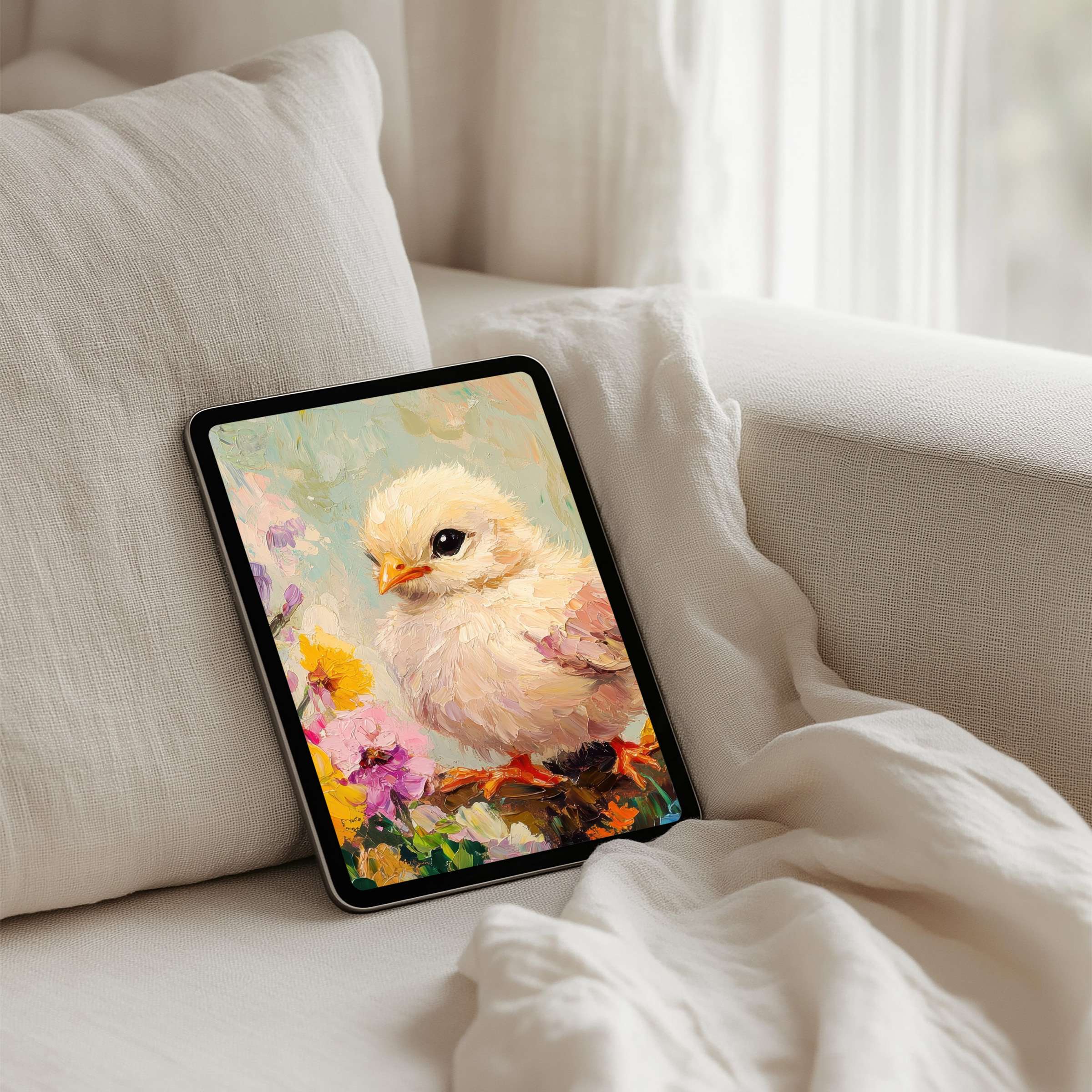 Elegant iPad background featuring a pastel chick in floral art style for instant download on tablets inspiring calm and beauty