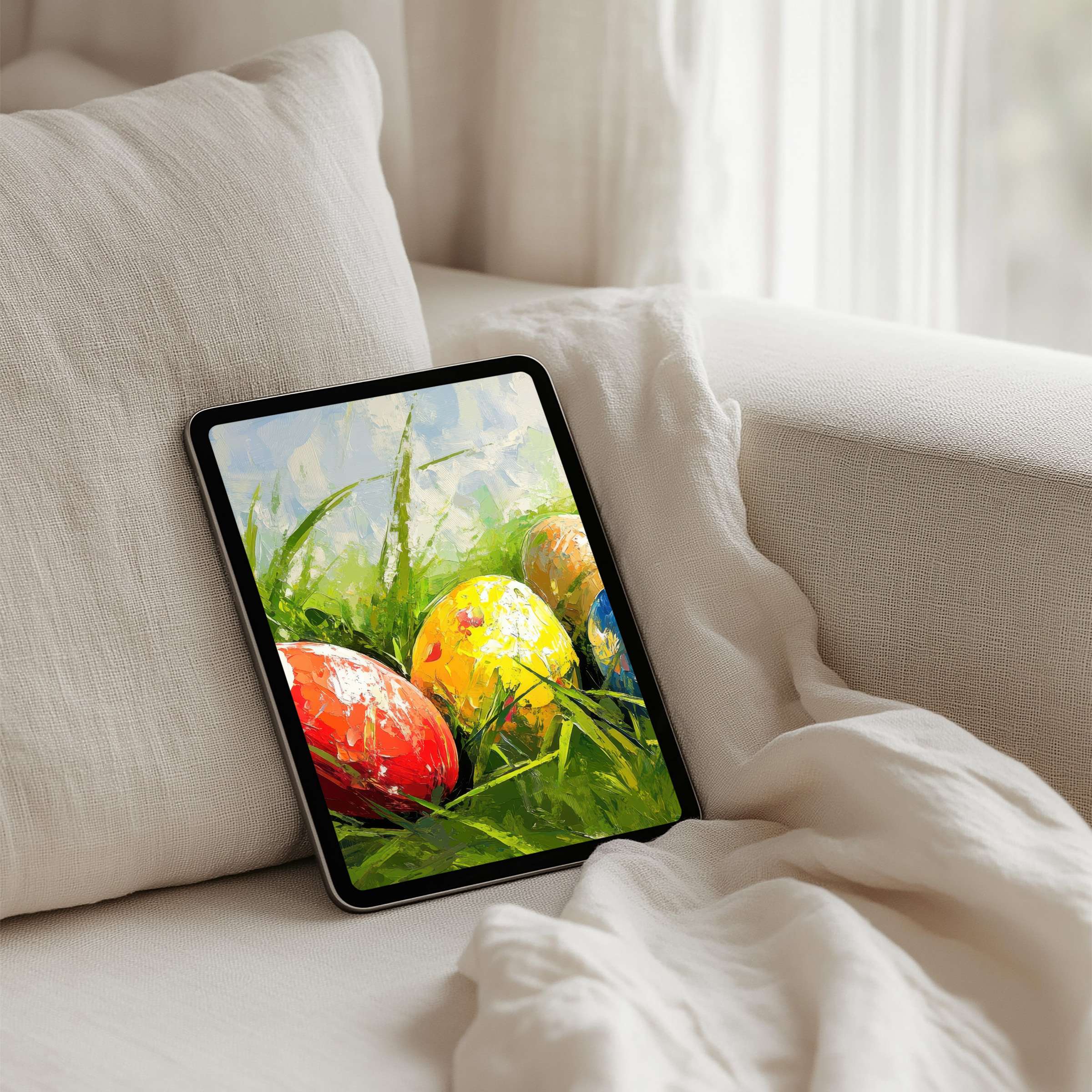 Vibrant iPad background featuring colorful Easter eggs in lush grass offers instant download for any tablet inspiring calm elegance