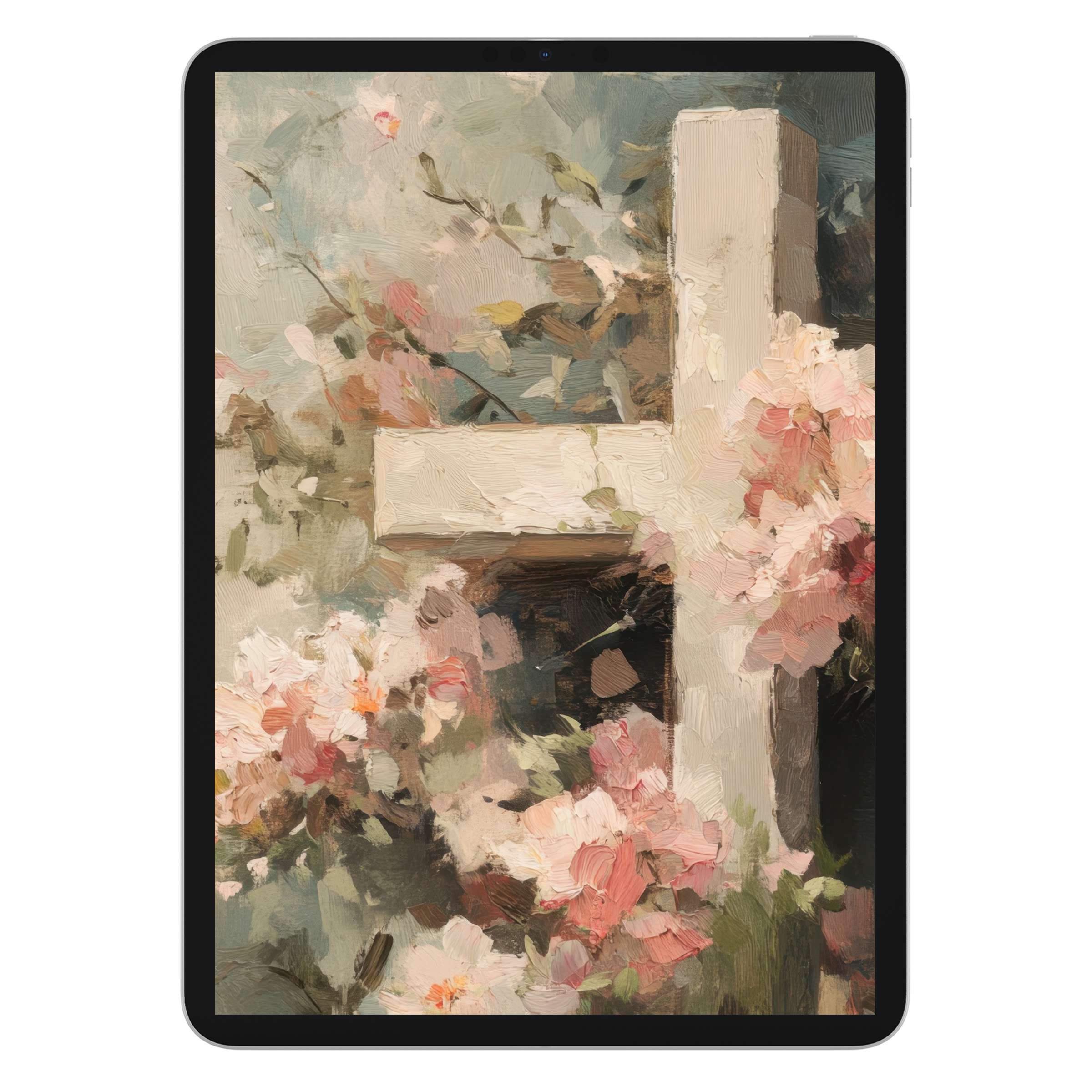 Elegant Easter iPad wallpaper featuring pastel floral artistry and cross, perfect digital download for tablet background, serene ambiance