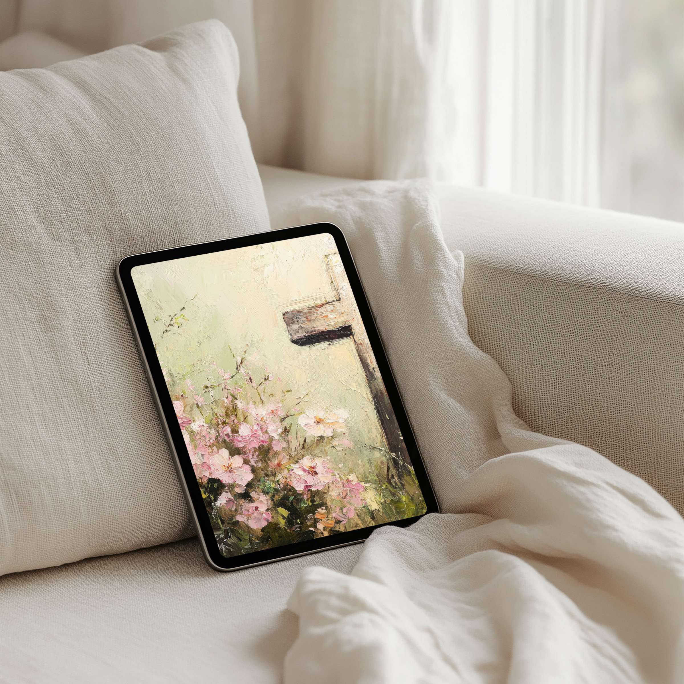 Serene floral iPad background on luxuriously soft fabric offers instant download for your tablet creating a calm elegant ambiance