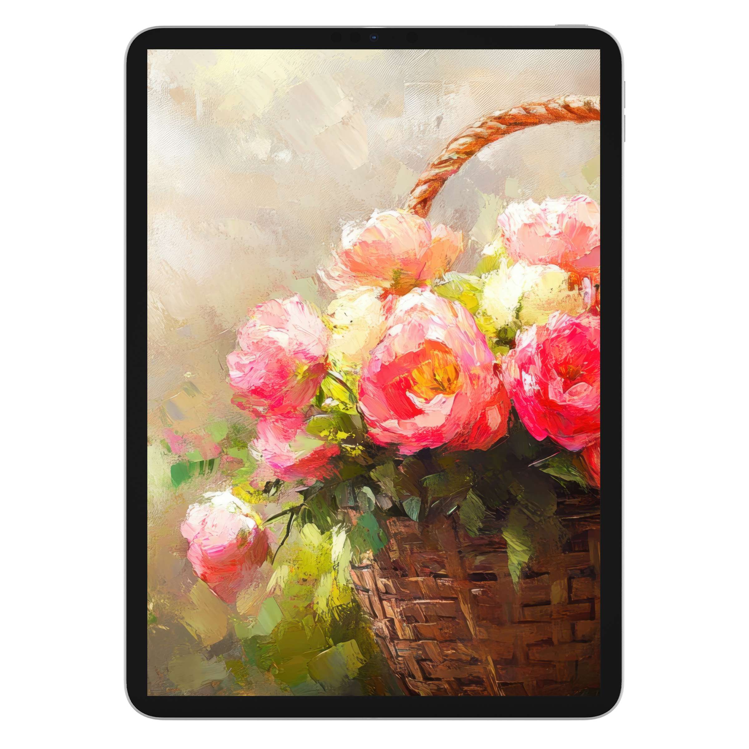 Vibrant easter iPad wallpaper featuring a basket of pink flowers, perfect digital download for tablet background, artistic and calming