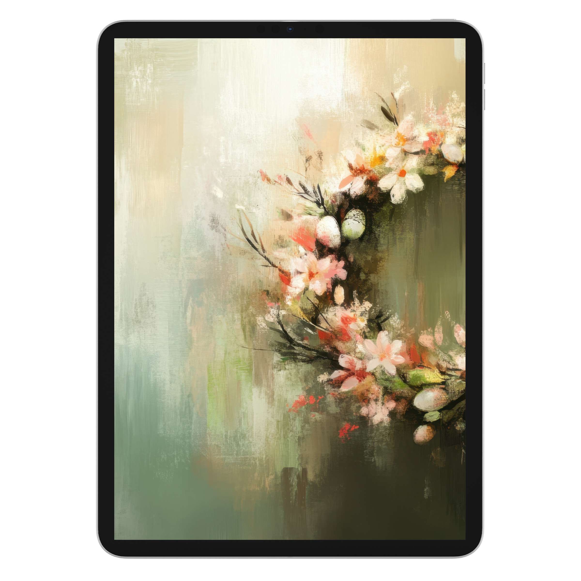 Easter iPad wallpaper featuring a floral wreath in soft pastel hues, perfect digital download for tablet backgrounds, serene and stylish