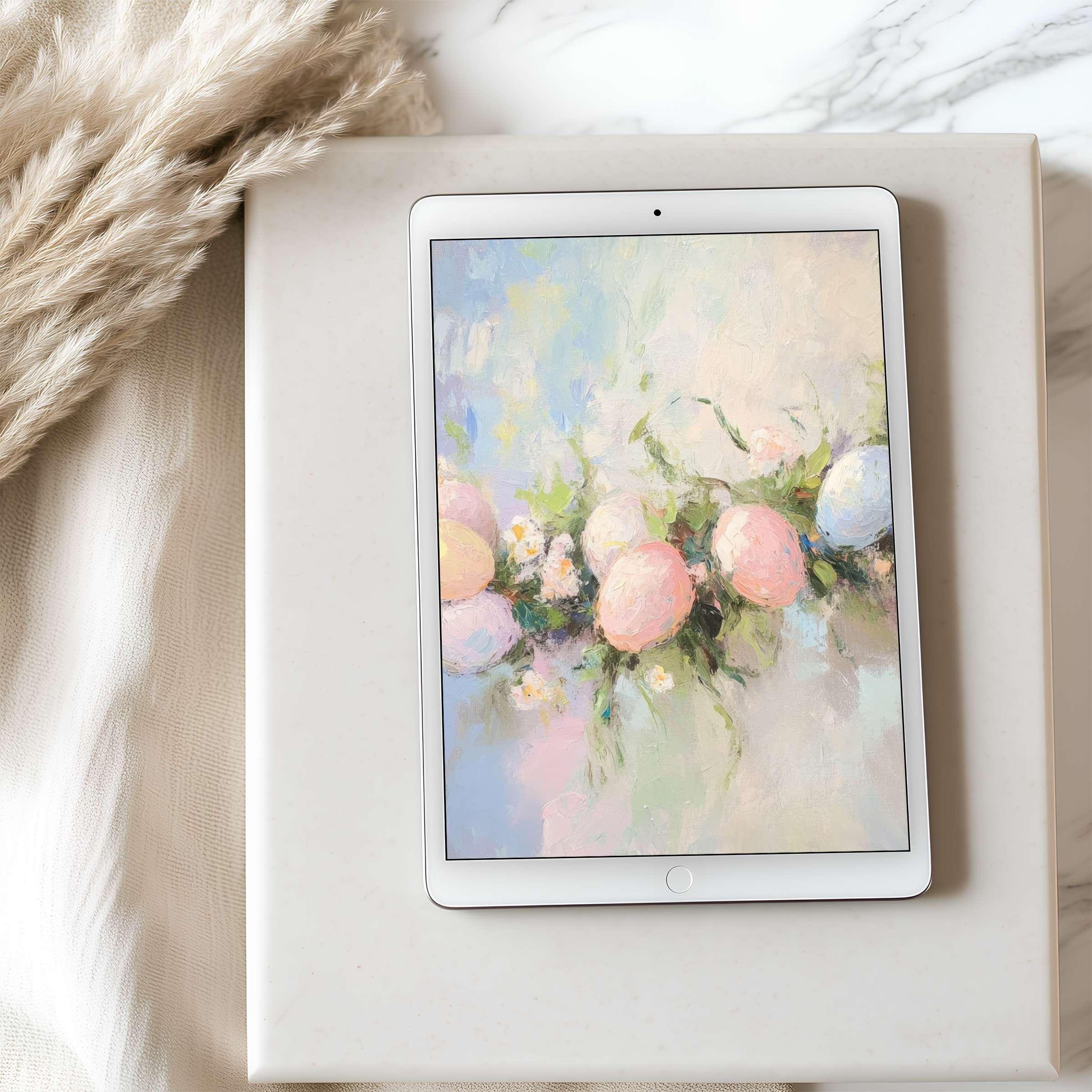 Elegant pastel floral motif tablet wallpaper for iPad in high resolution offers serene beauty, perfect for digital download