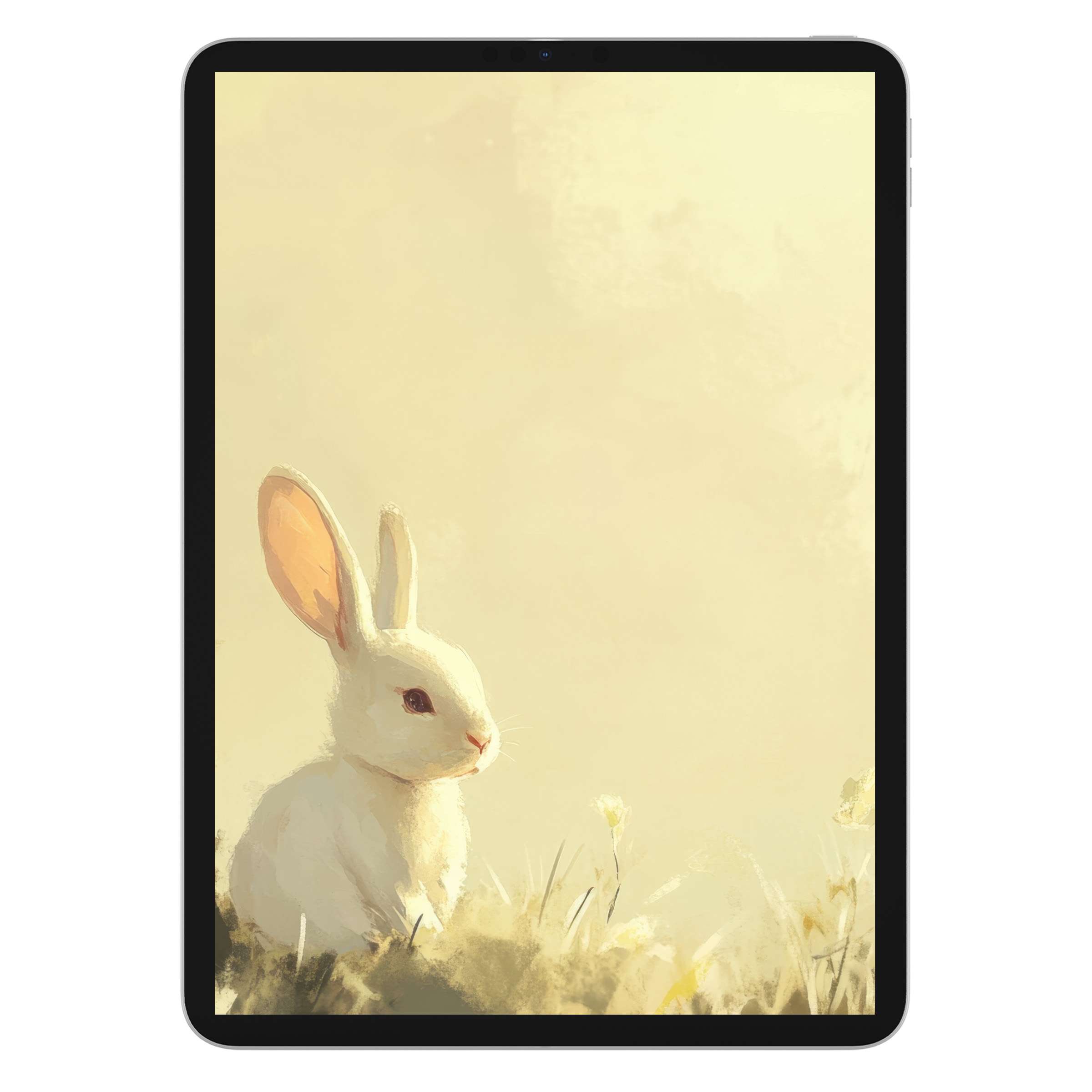 Elegant easter iPad wallpaper showcasing a serene white rabbit in soft pastels, perfect tablet background digital download for spring tranquility