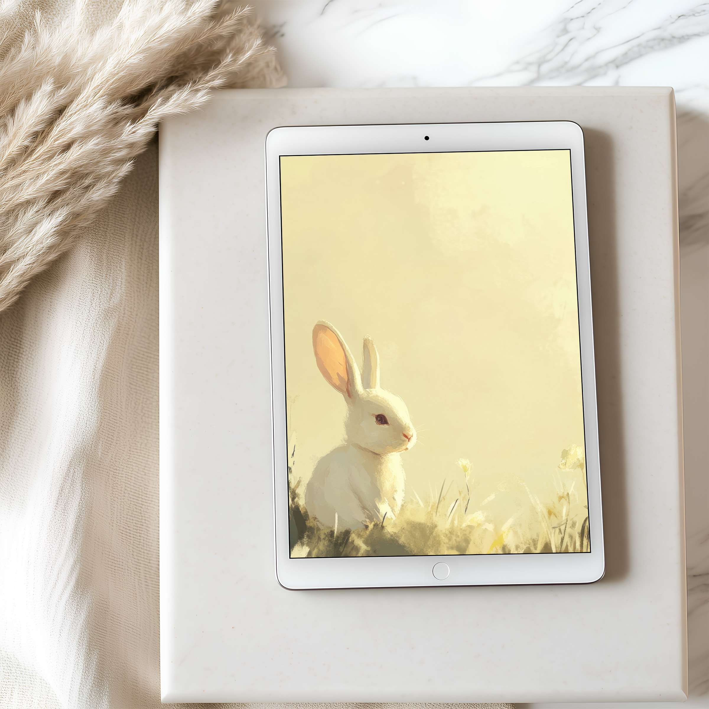 Calming tablet wallpaper with a serene rabbit in soft earth tones, ideal for iPad digital download, offering elegance and tranquility