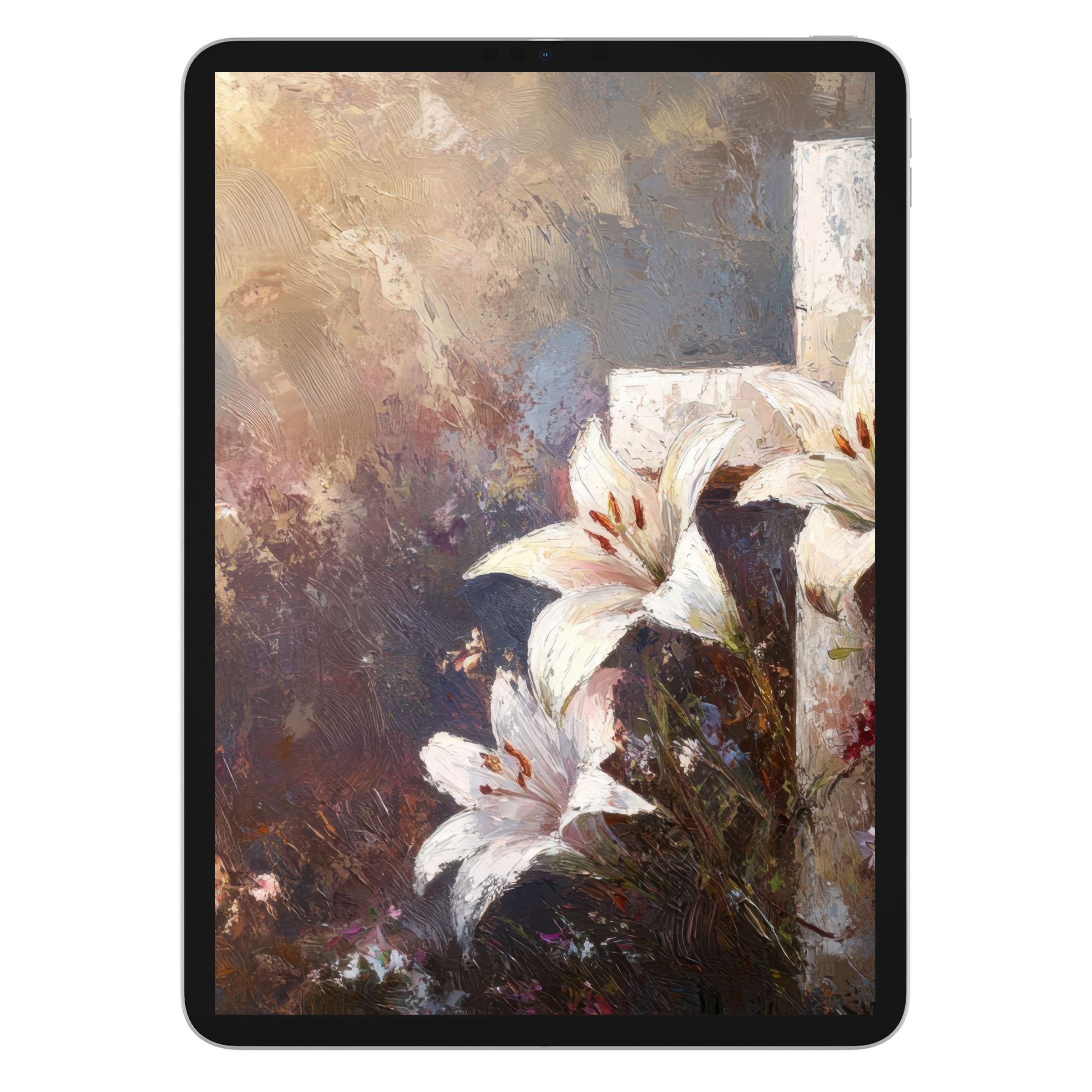 Elegant easter iPad wallpaper featuring white lilies and a cross in an artistic digital download for tablet backgrounds