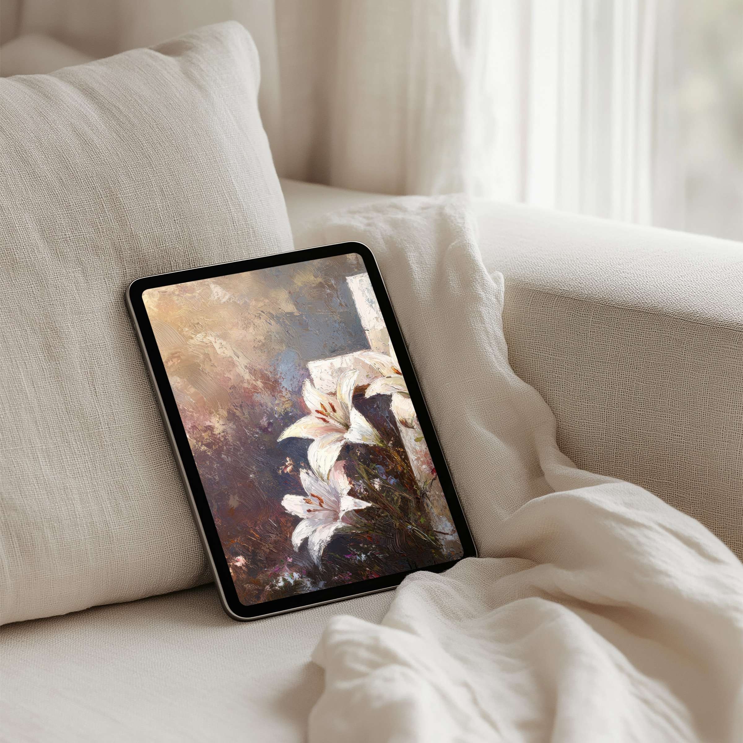 Elegant floral iPad background in soft hues offers calm inspiration for tablets with instant download for mindfulness seekers
