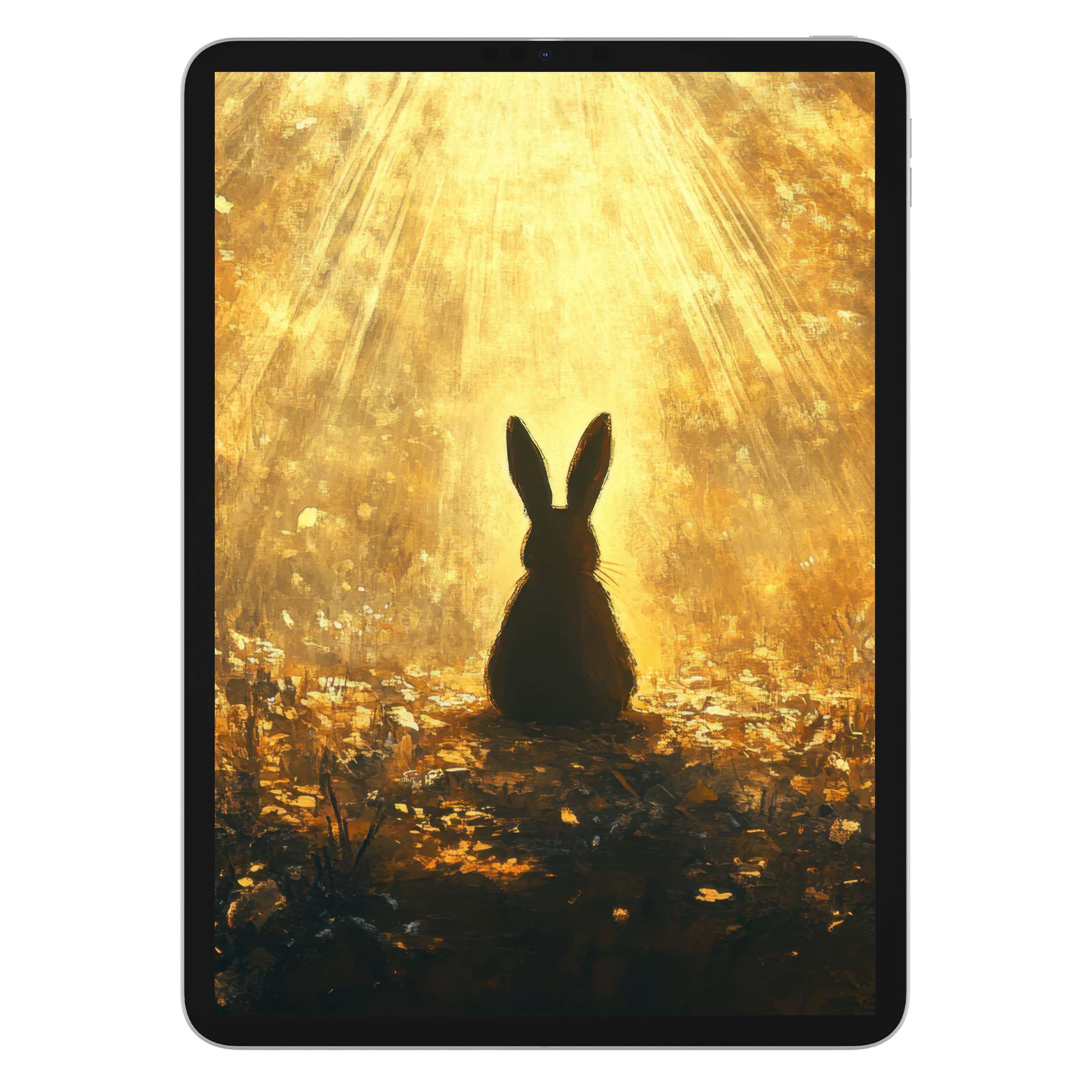 Easter iPad wallpaper featuring a serene bunny silhouette in golden light, perfect digital download for tablet backgrounds, inspiring calm