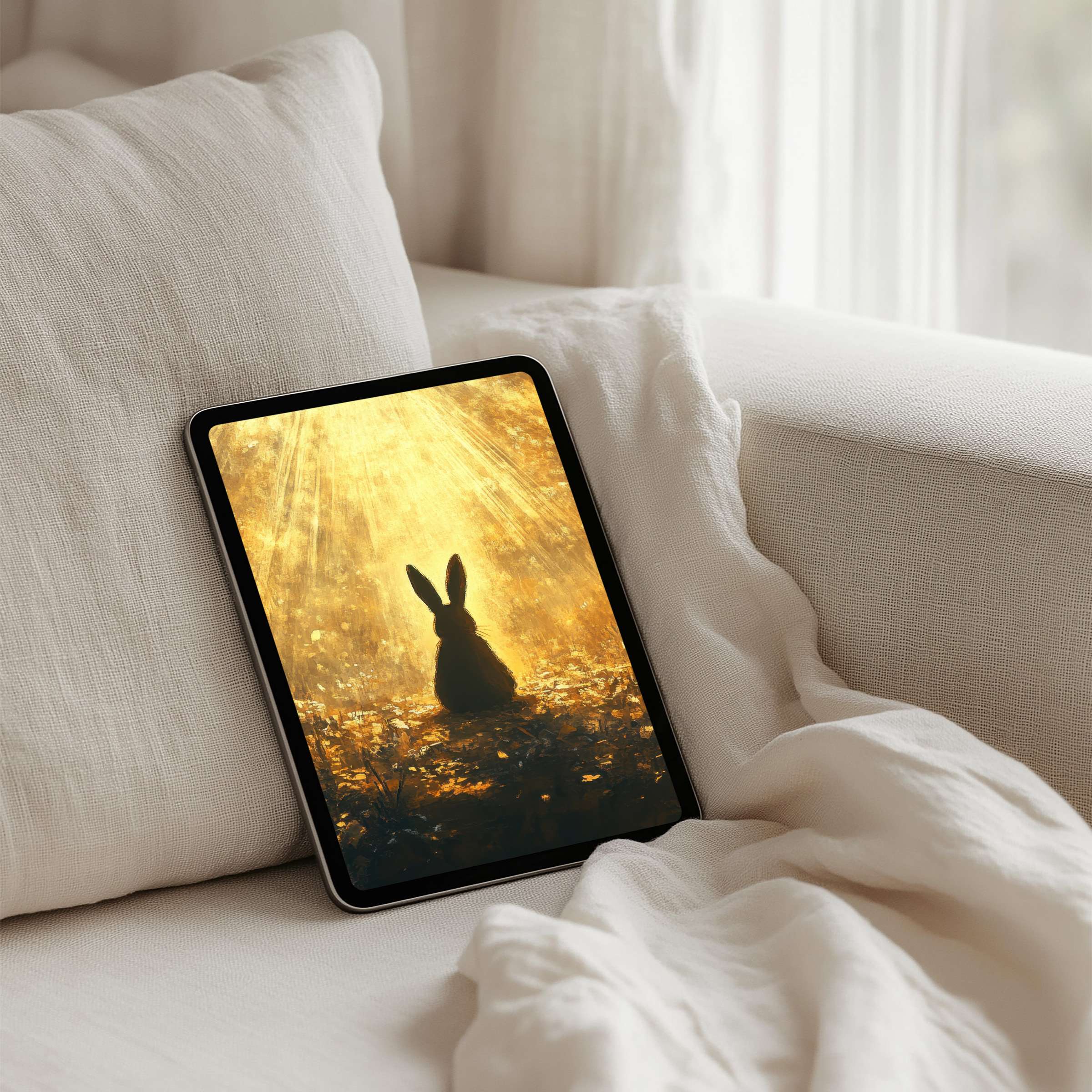 Elegant woodland silhouette on iPad background offers calm inspiration for tablet users seeking an instant download for tranquility