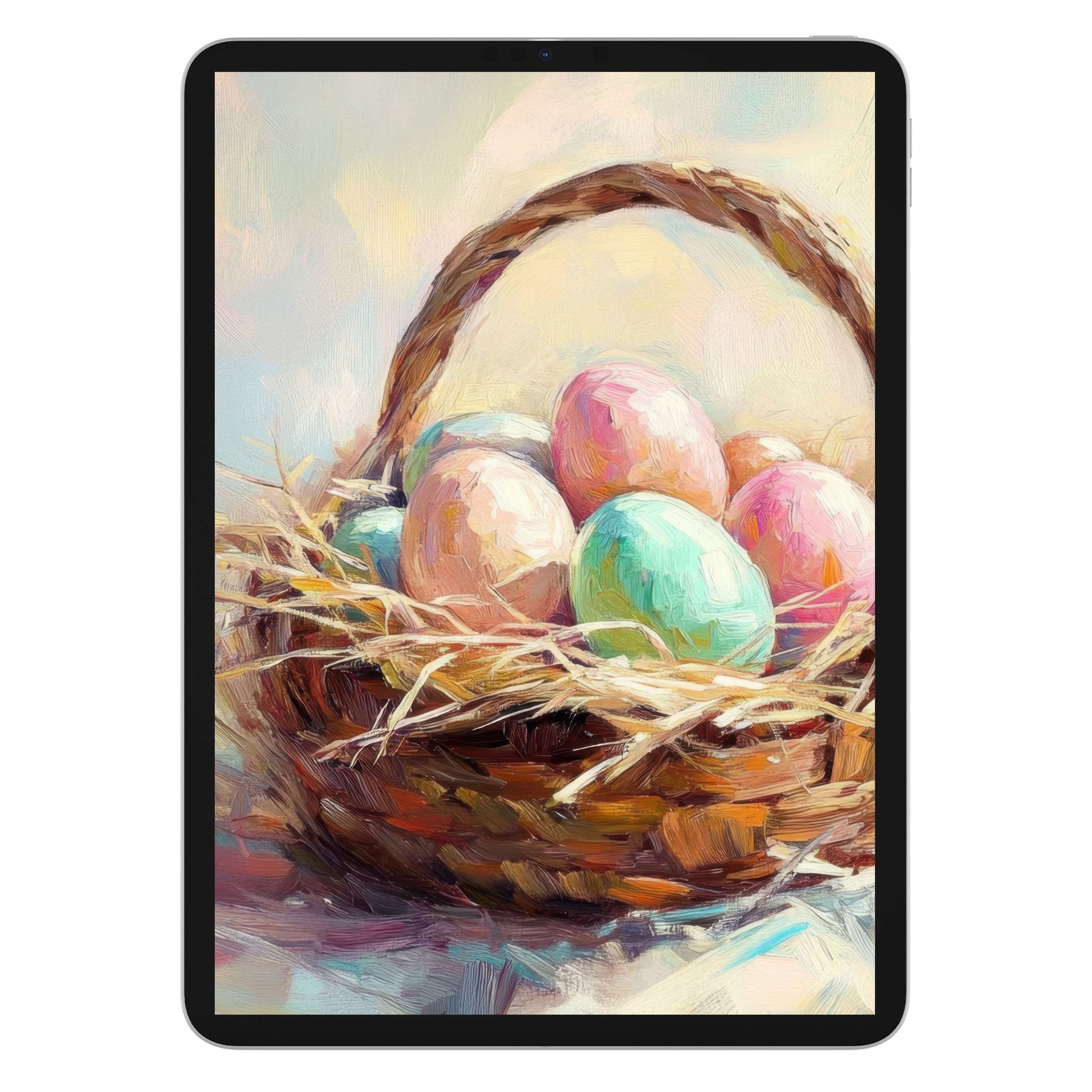 Easter iPad wallpaper with pastel eggs in a textured basket, creating a serene digital download background for any tablet use