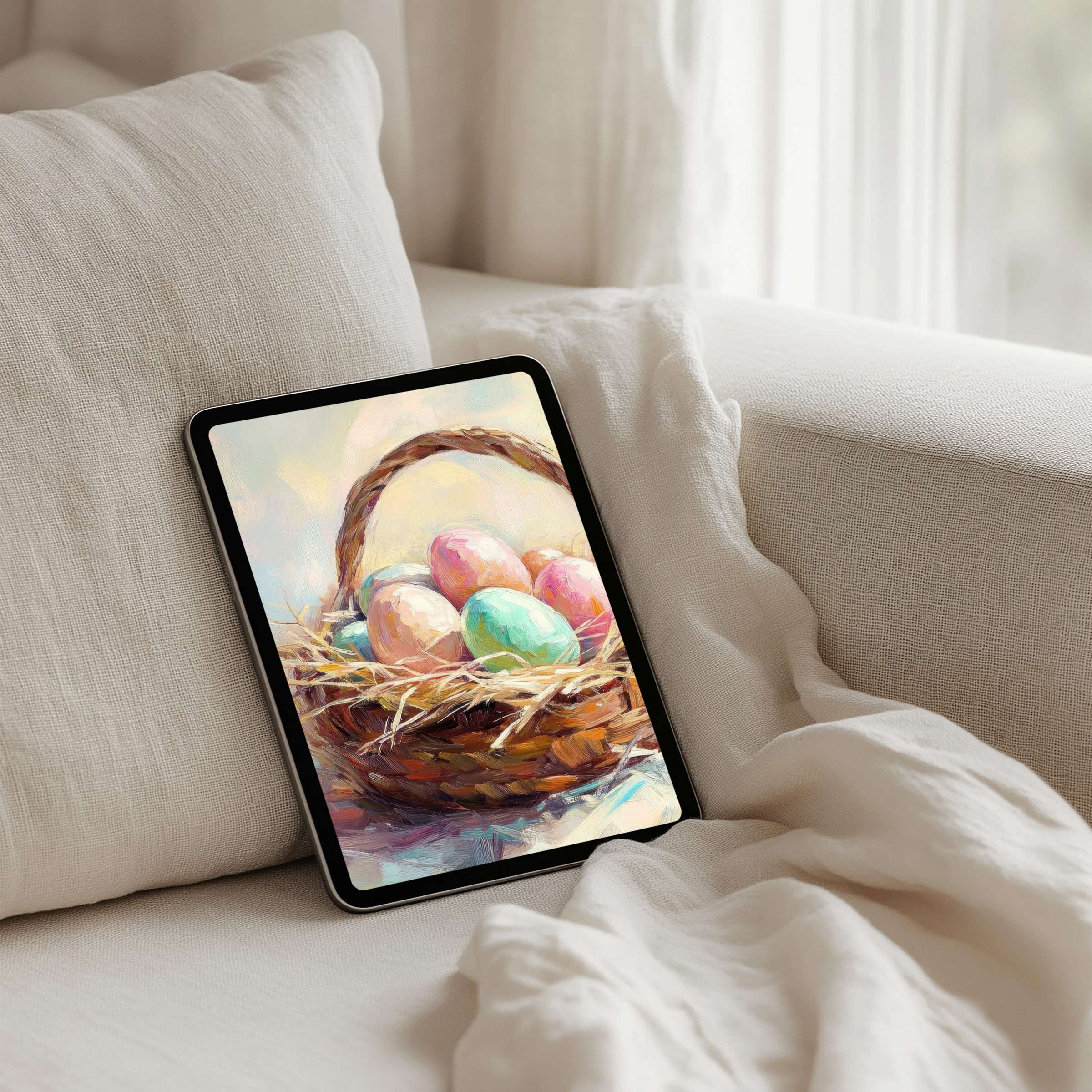 Elegant iPad background with pastel eggs in a woven basket offers calm sophistication for instant download to any tablet user