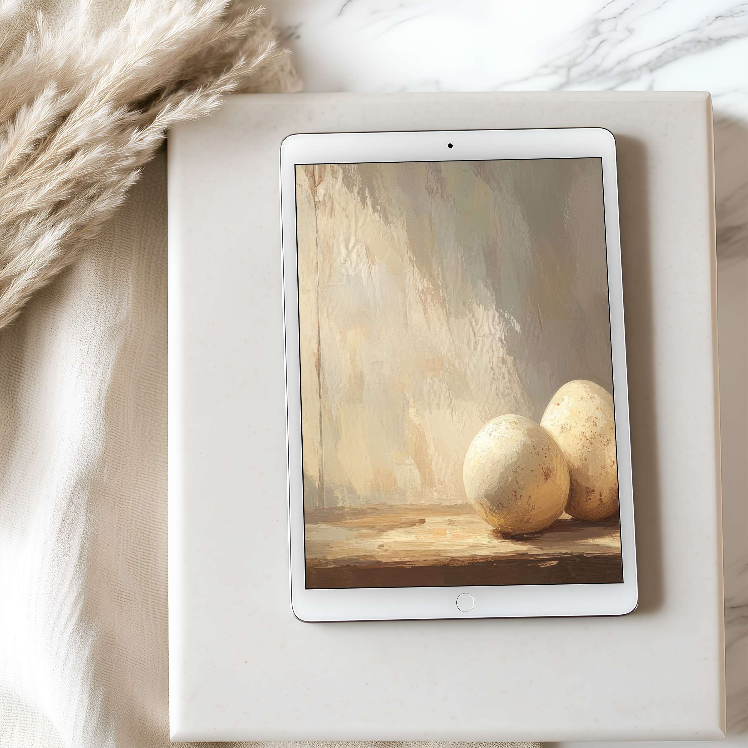 Elegant tablet wallpaper featuring soft neutrals and eggs on a rustic table, ideal for high resolution iPad and Android downloads