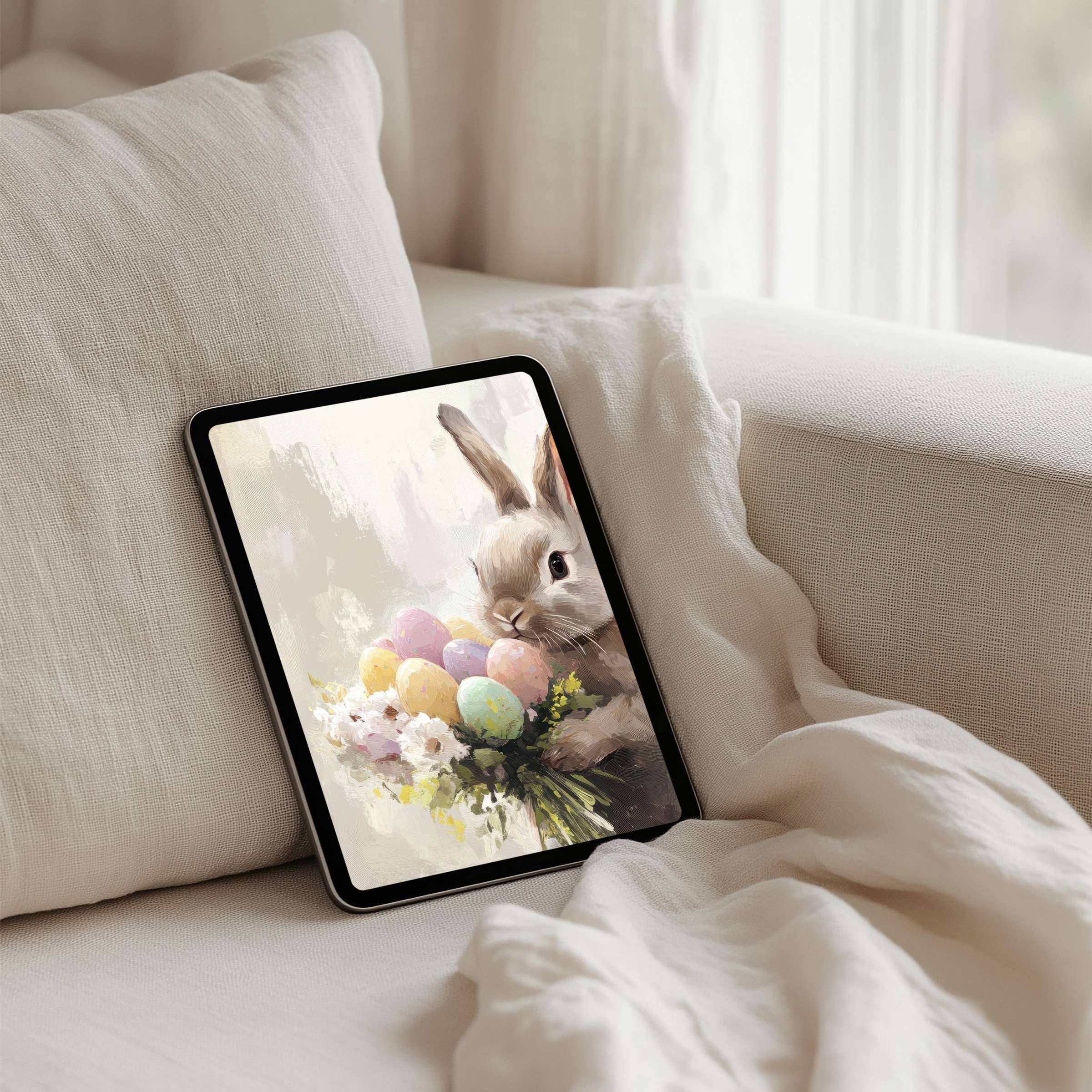 Charming iPad background featuring a whimsical rabbit with pastel eggs inspires calm and elegance, perfect for instant download on tablets