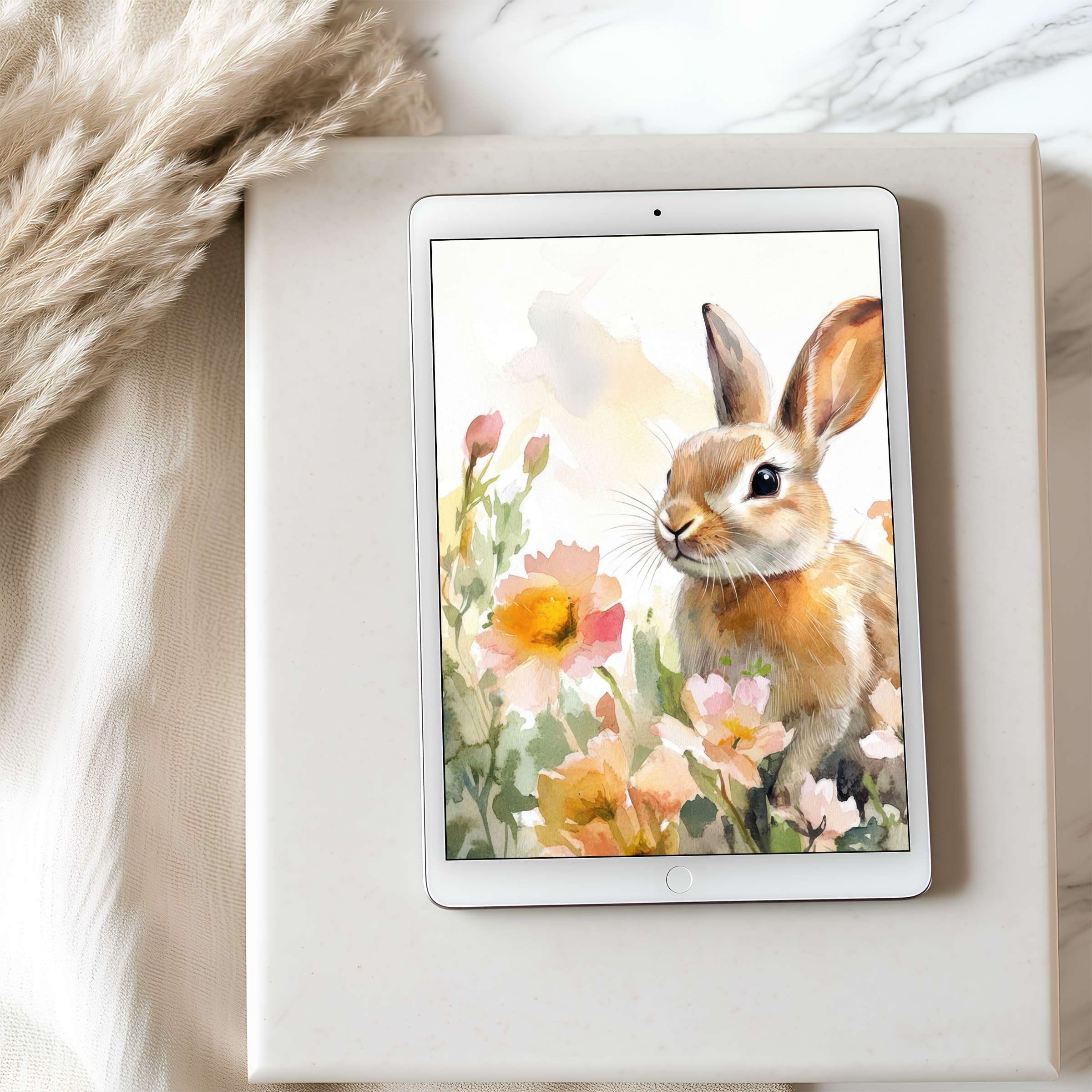 Elegant watercolor rabbit and floral tablet wallpaper in high resolution radiates calm and beauty suitable for digital download