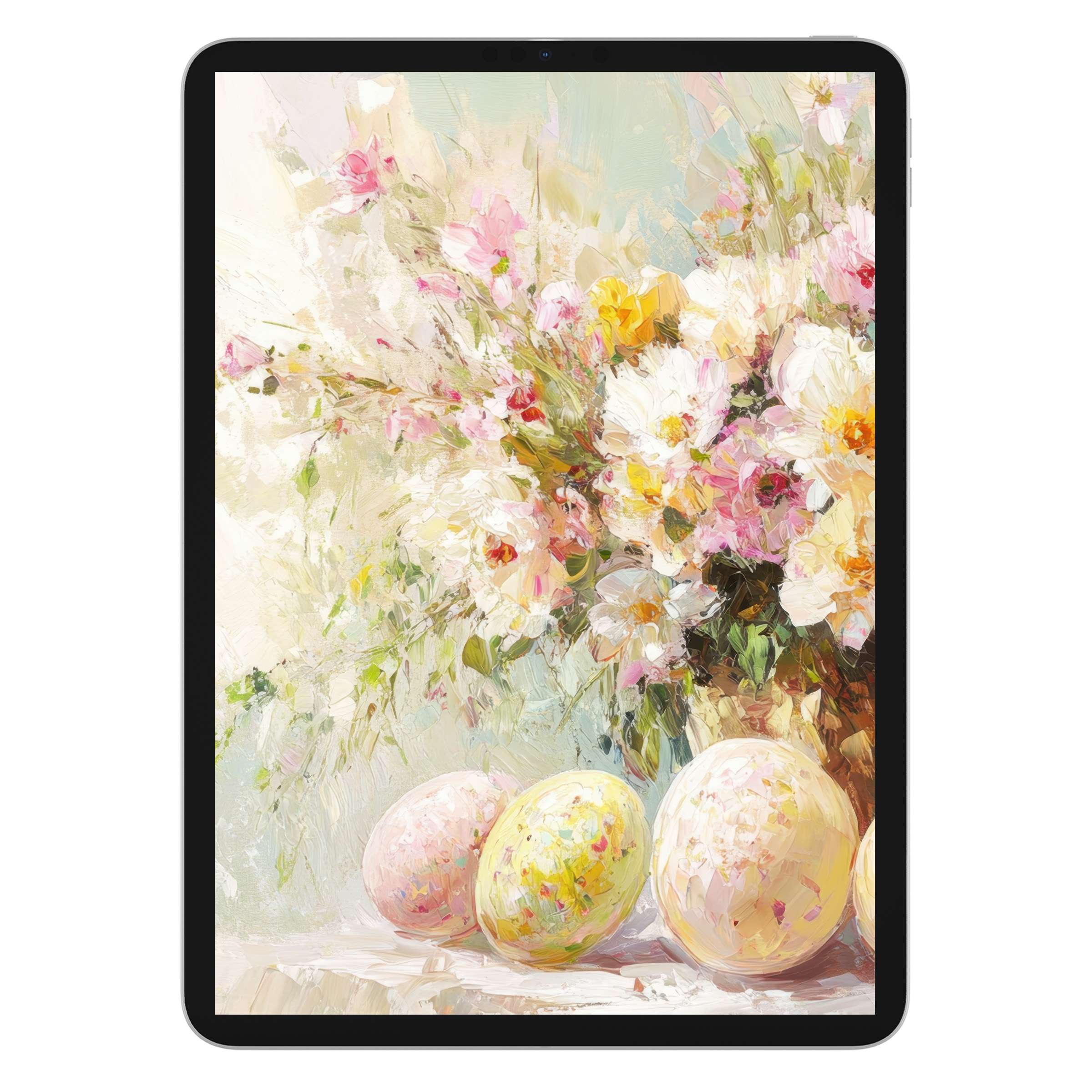 Easter iPad wallpaper with pastel florals and eggs, a serene digital download for tablet background, enhancing calm artistry