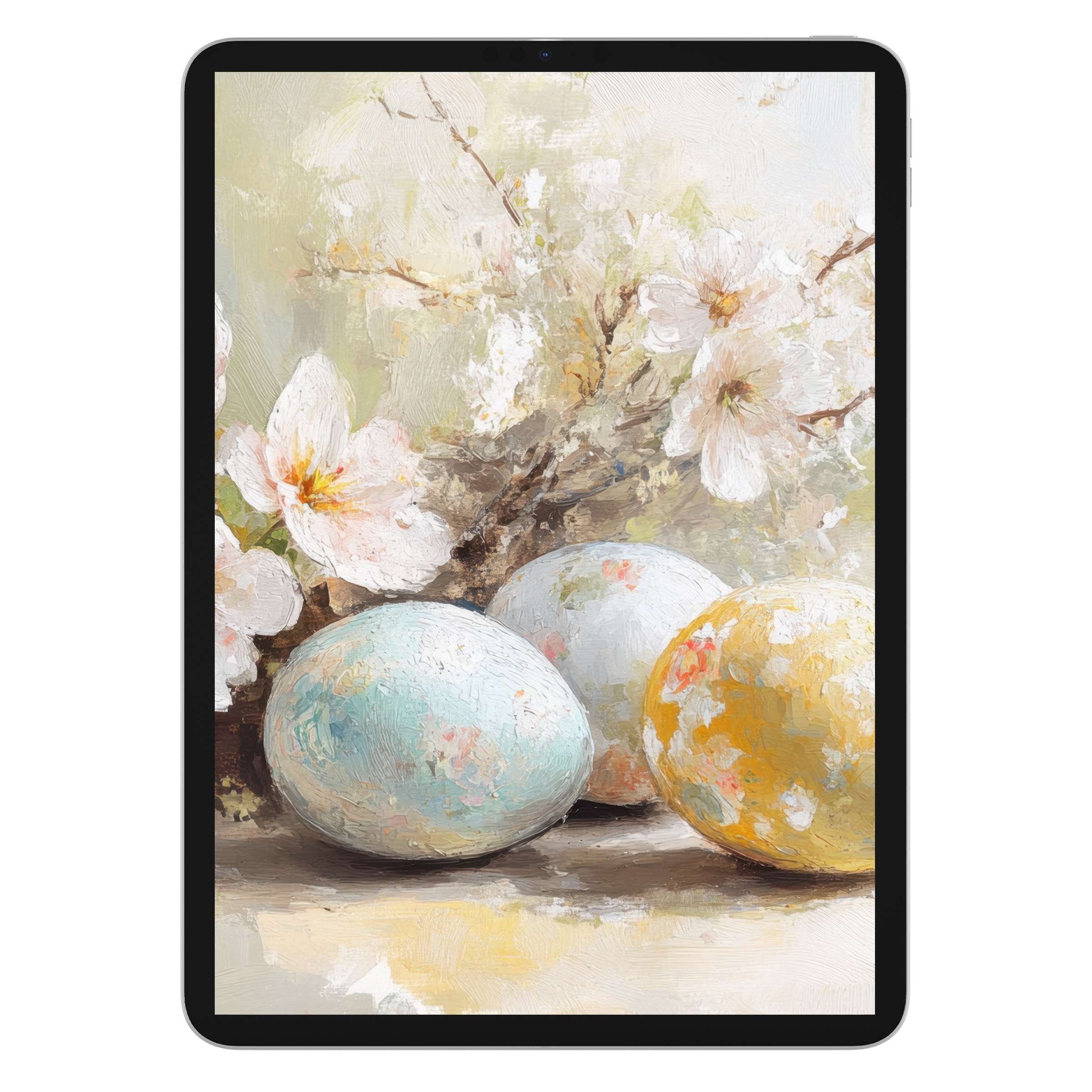 Elegant easter iPad wallpaper featuring pastel eggs and delicate blossoms, perfect tablet background for a calming digital download