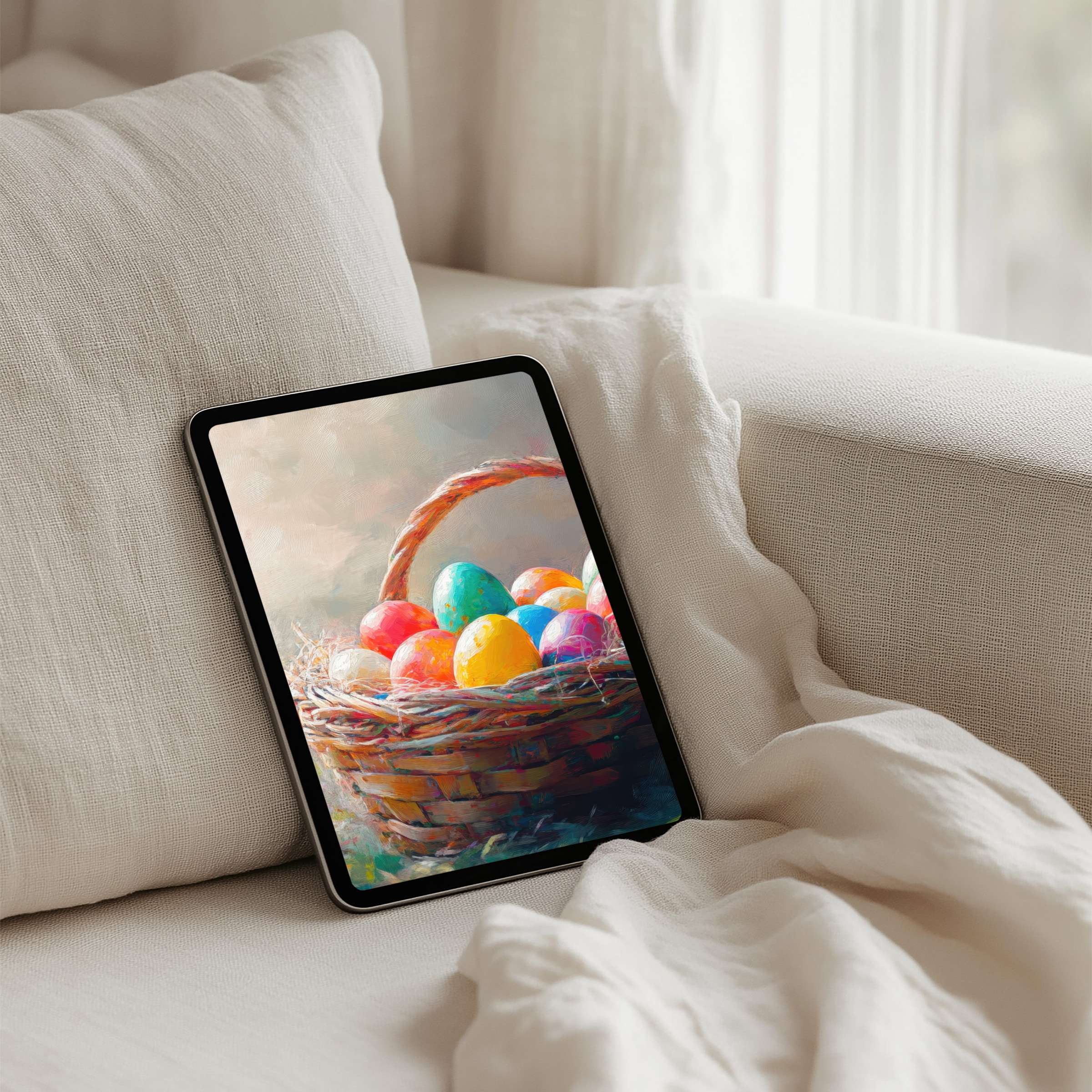 Colorful basket of eggs on an elegant iPad background exuding calm and inspiration instant download for any tablet device