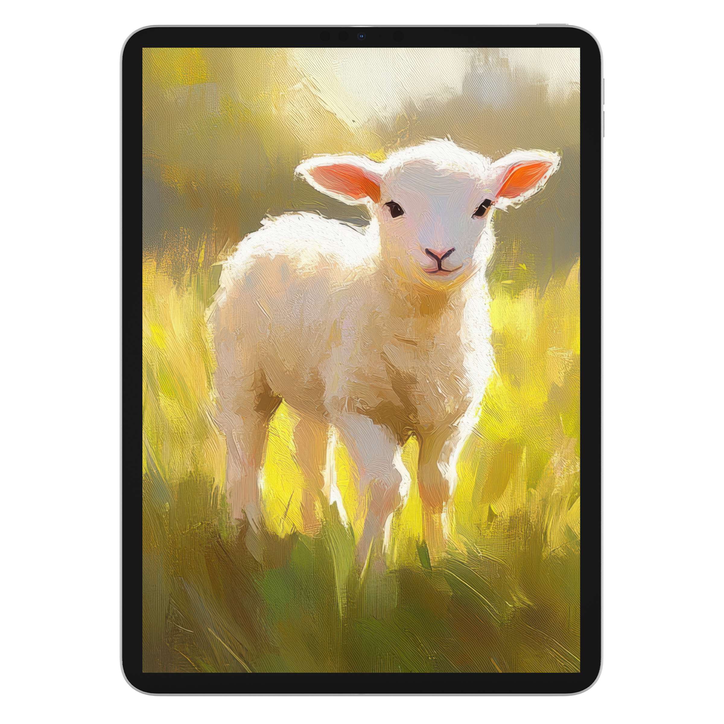 Charming easter iPad wallpaper in impressionist style with serene lamb against soft yellow, green background perfect for tablet digital download