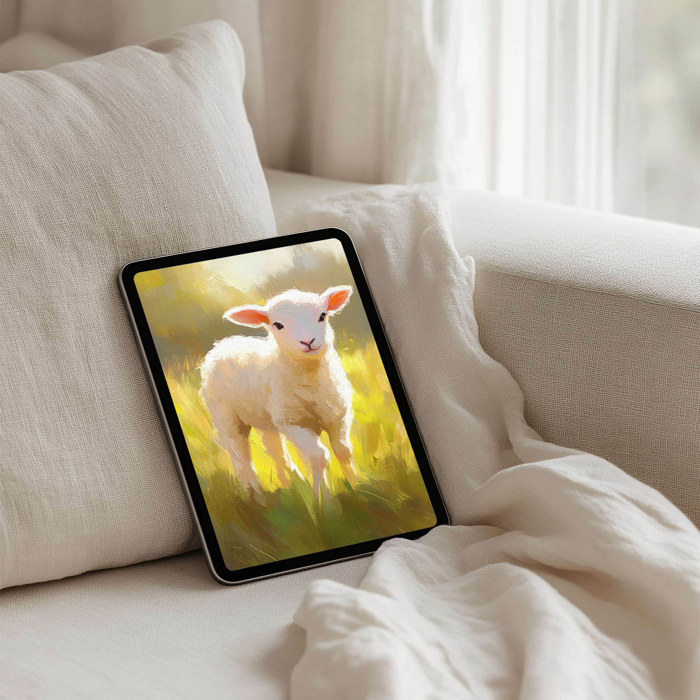 Gentle lamb painting as iPad background brings calm and elegance to your tablet instant download for mindful inspiration